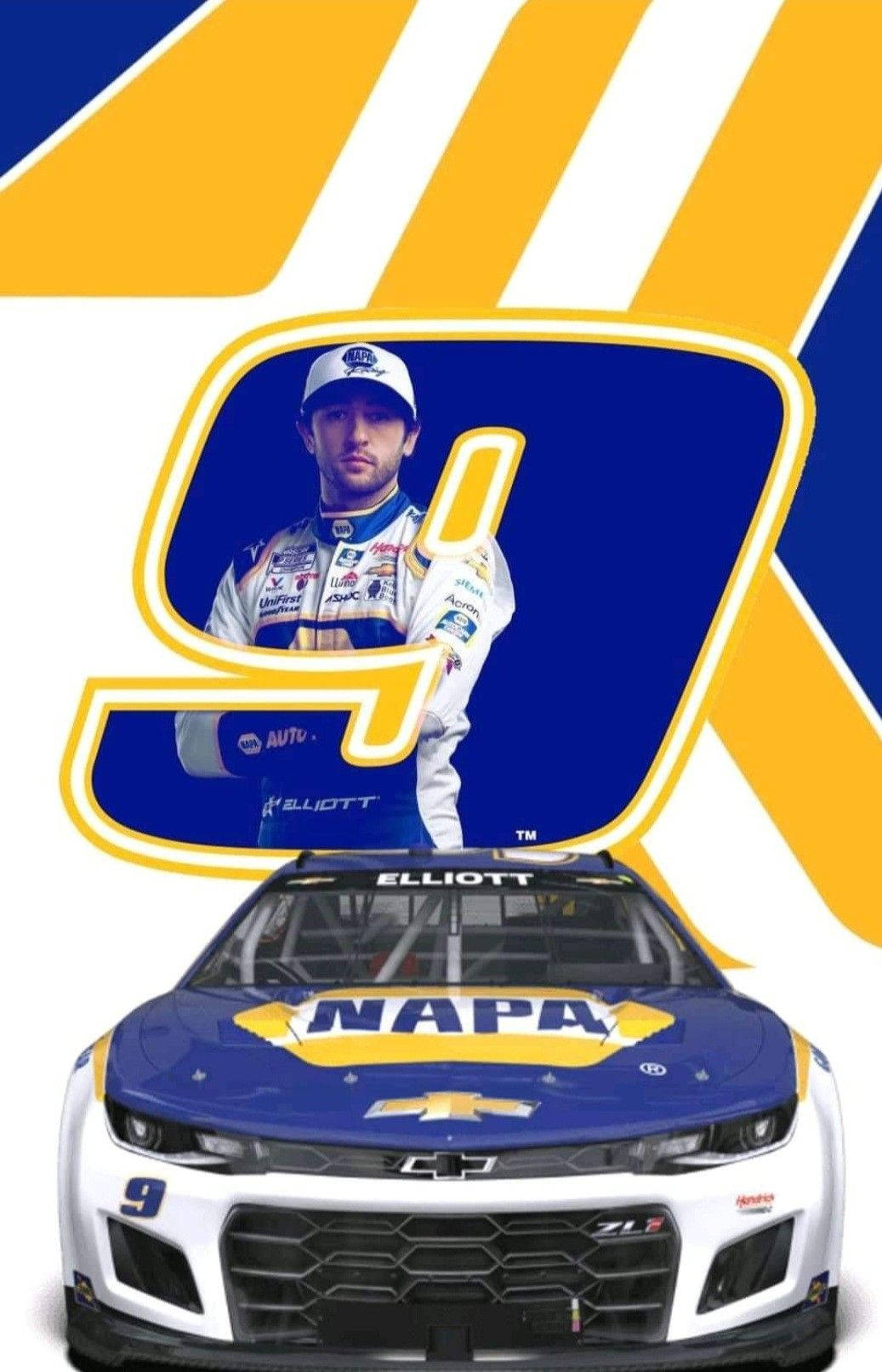 Chase Elliott 桌布 壁紙 — NASCAR車手Chase Elliott駕駛他的藍黃色#9 NAPA雪佛蘭賽車，搭配大膽的圖形背景。