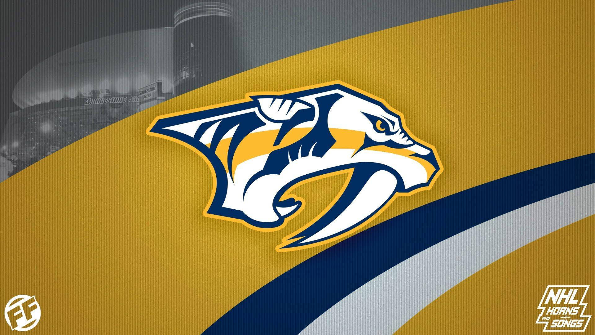 Predators 桌布 壁紙 — Nashville Predators 標誌以鮮明的黃色、藍色和白色呈現，背景是模糊的 Bridgestone Arena。