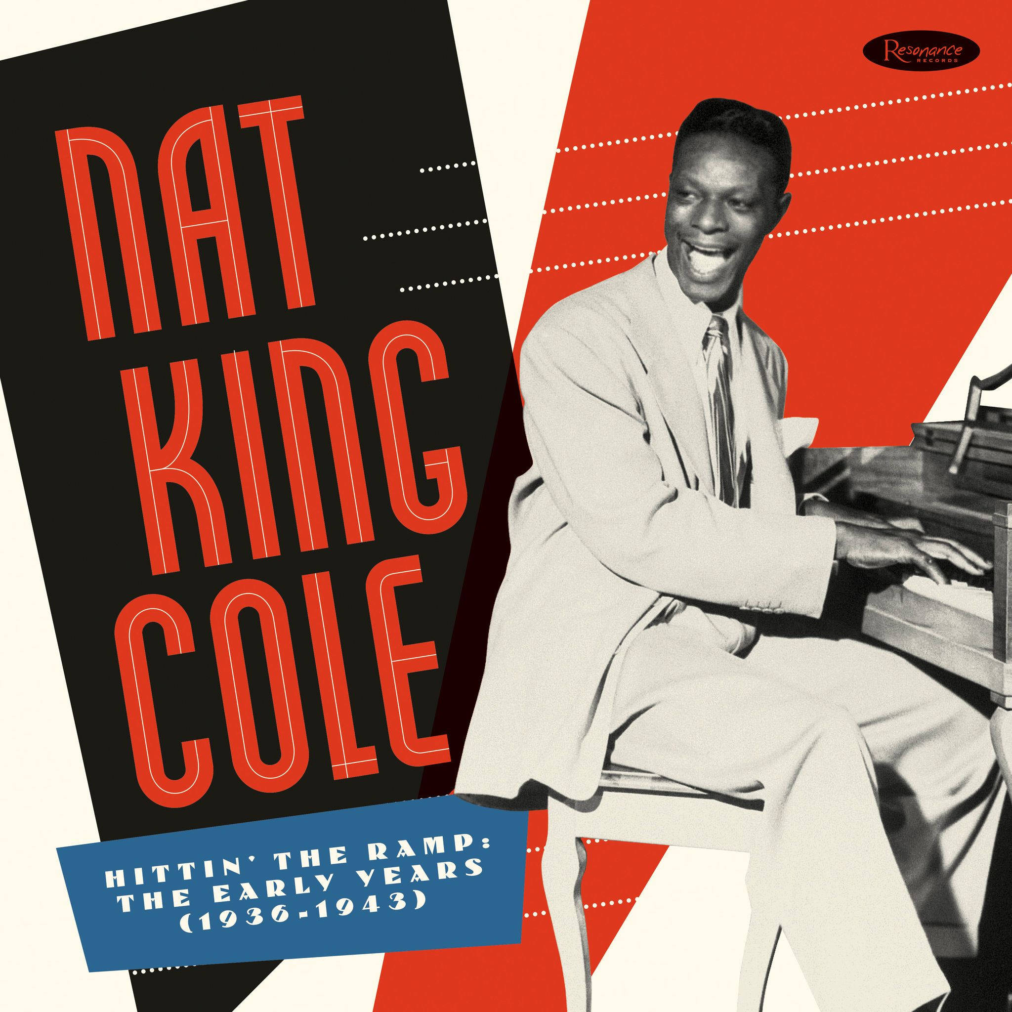 Album Cover 桌布 壁紙 — Nat King Cole 坐在鋼琴前，在鮮明的紅、黑、白幾何背景中燦爛微笑。