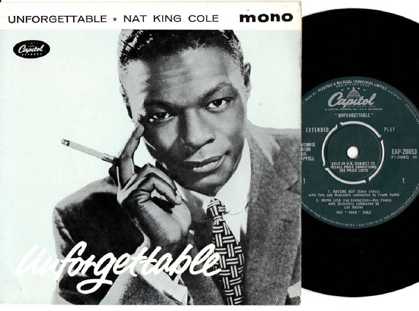 Album Cover 桌布 壁紙 — Nat King Cole 手持香煙的復古黑白專輯封面，旁邊有一張 Capitol Records 黑膠唱片。