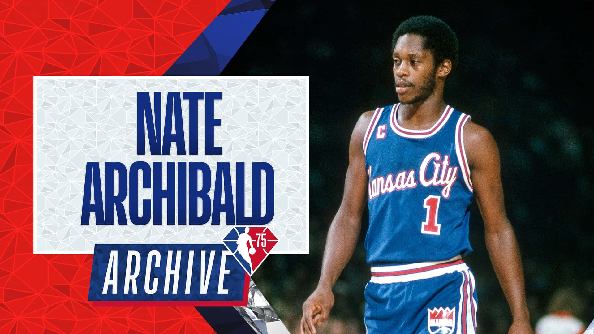 poster 桌布 壁紙 — Nate Archibald 身穿藍色堪薩斯城國王隊一號球衣，自信地站在帶有文字疊加的圖形紅藍背景前。