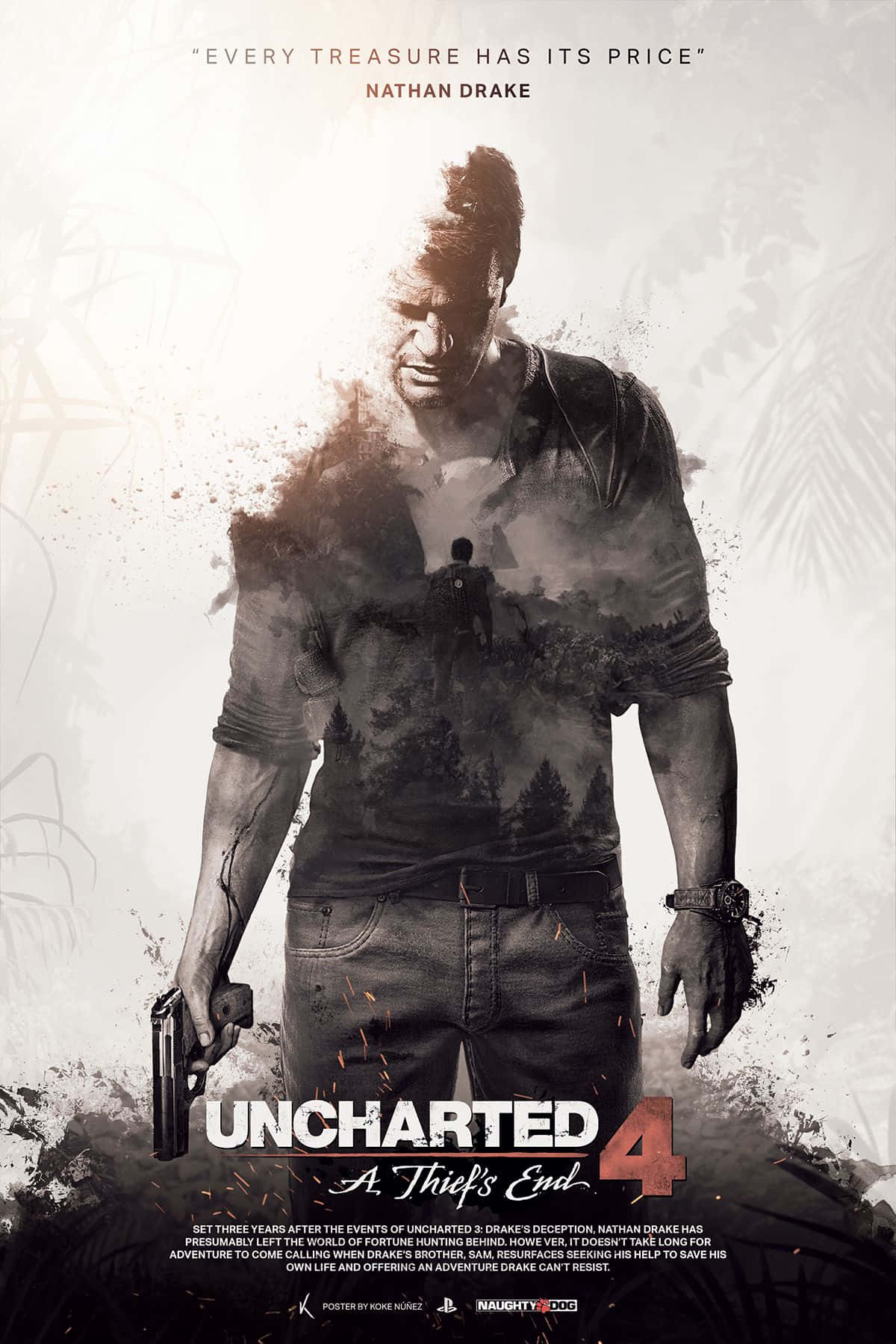 桌布 壁紙 — Nathan Drake 以單色粗獷風格站立，手持槍支，軀幹逐漸溶解成叢林場景，遠處有一個人影。