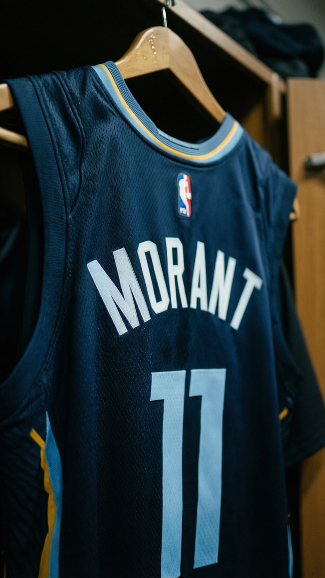 Jersey in Locker Room 壁紙 — 一件海軍藍色籃球球衣，印有 Morant 和 11 號，掛在更衣室的木衣架上。
