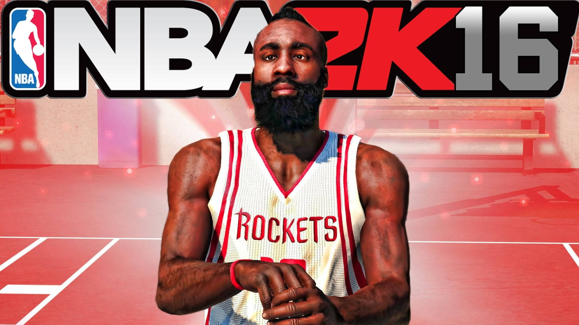 James Harden 桌布 壁紙 — NBA 2K16 封面，James Harden 身穿休士頓火箭隊球衣站在籃球場上，搭配大膽的紅白圖案。