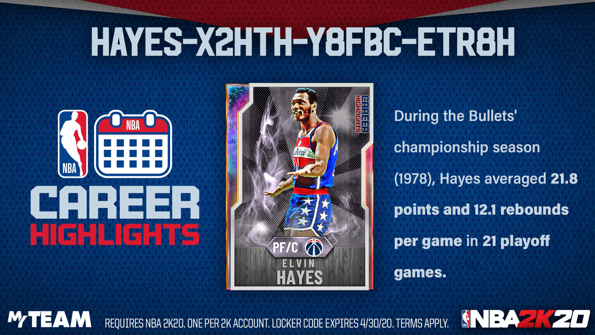 NBA 2K20 MyTeam卡，展示Elvin Hayes在1978年Bullets季後賽賽季的職業生涯數據。 — NBA 壁紙