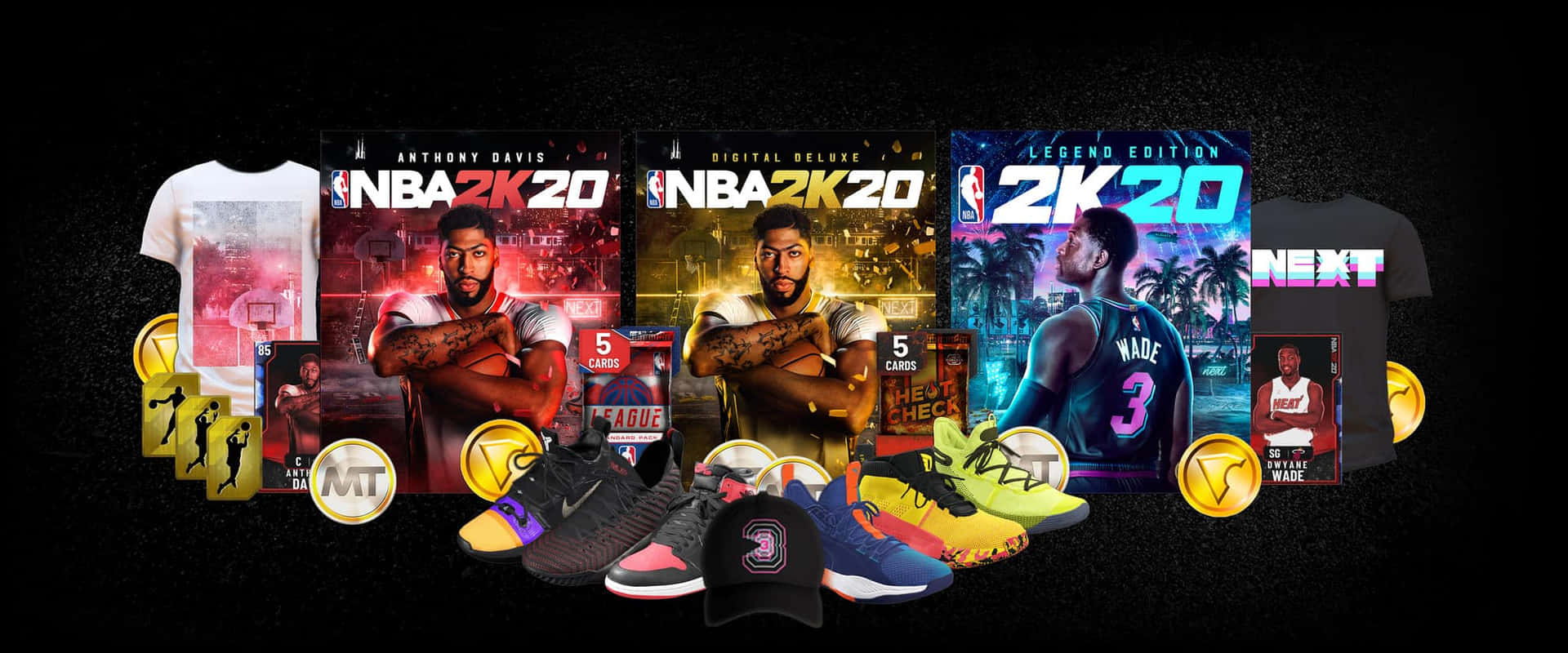 NBA 2K20 遊戲封面及相關商品，如球衣和運動鞋。 — NBA 壁紙