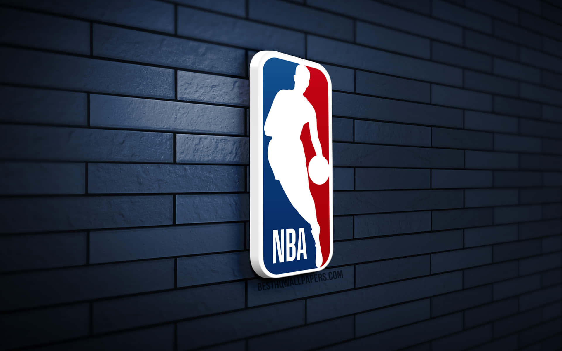 NBA 標誌安裝在帶有燈光效果的深色磚牆上。 — NBA標誌 壁紙