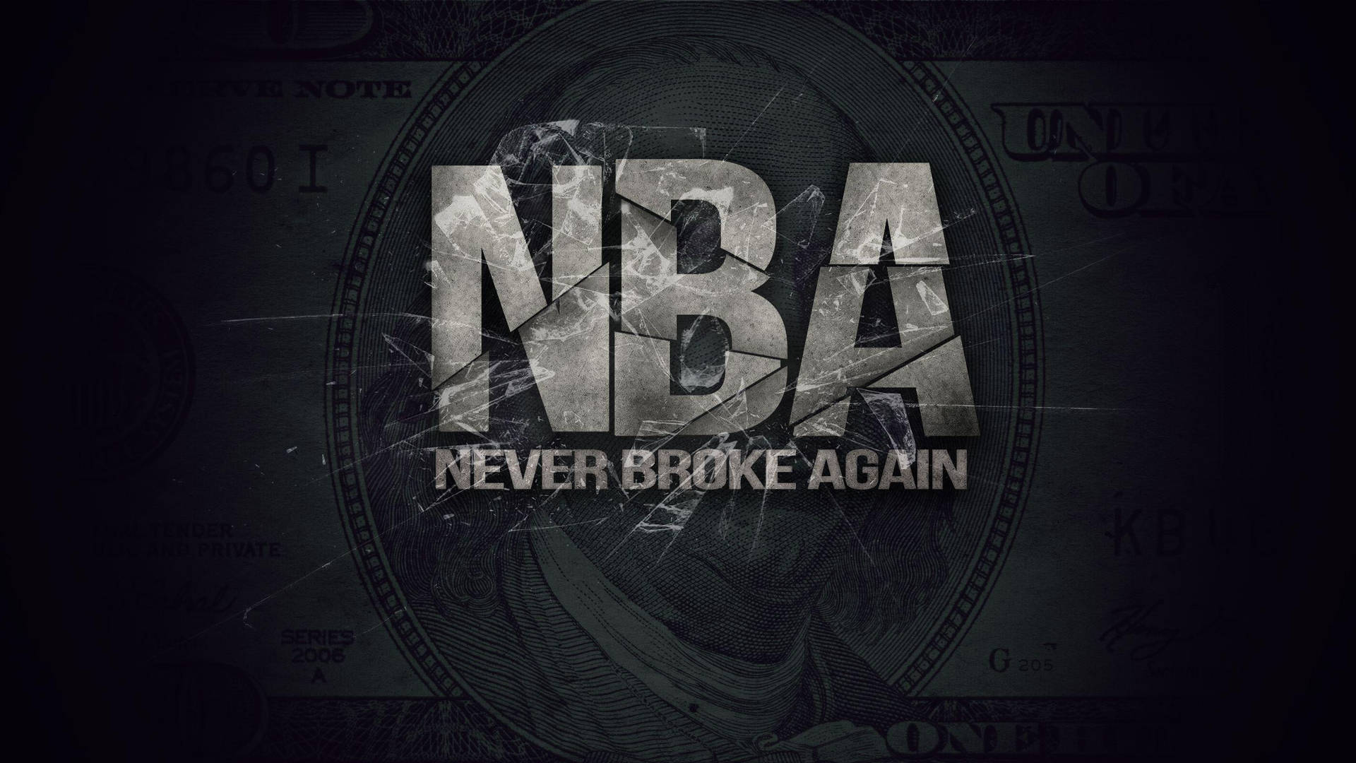 NBA標誌，上面有「Never Broke Again」文字，背景是裂紋美元鈔票。 — NBA Youngboy 壁紙