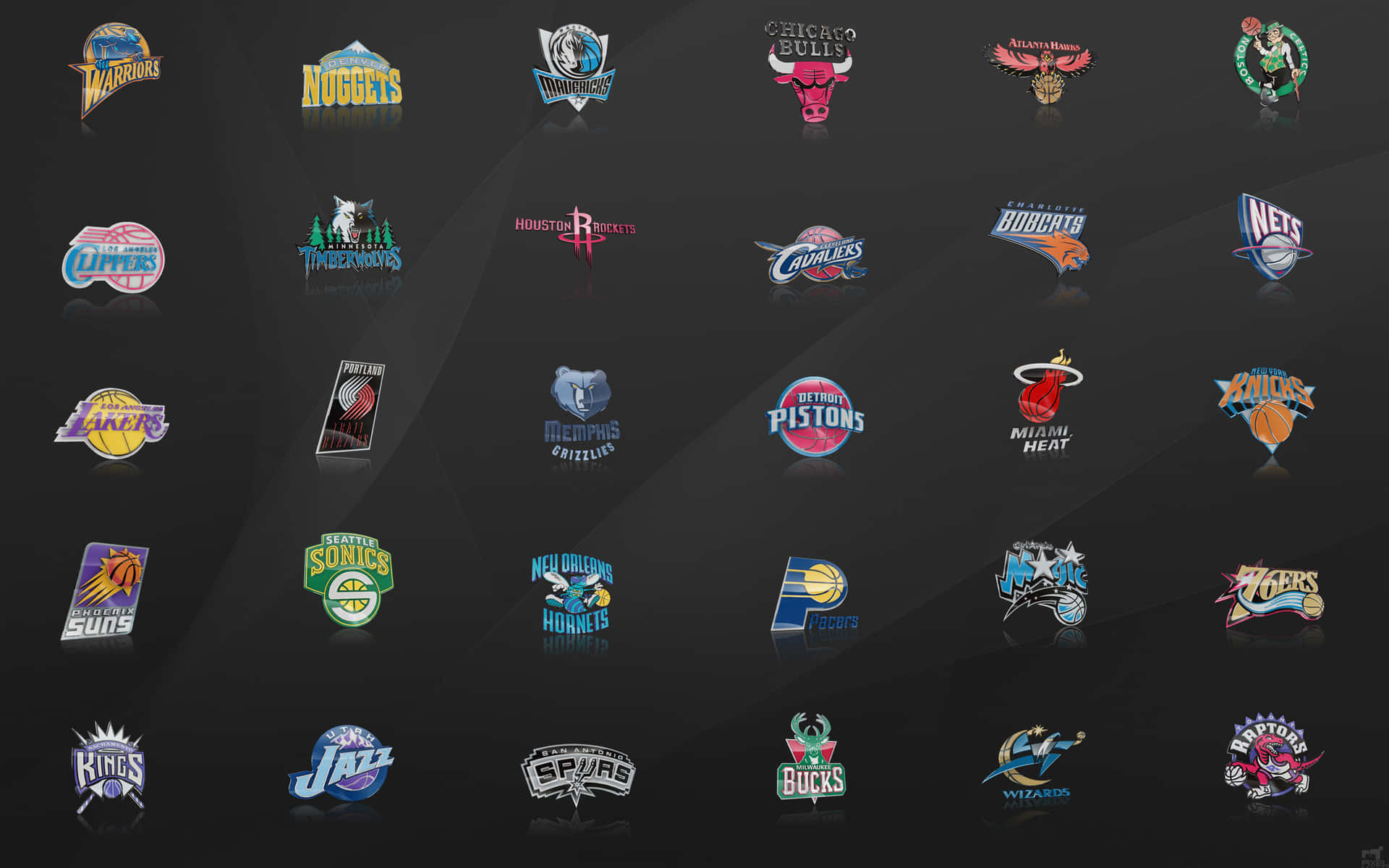 NBA球隊標誌排列成網格，在深色背景上帶有發光的反射。 — NBA標誌 壁紙