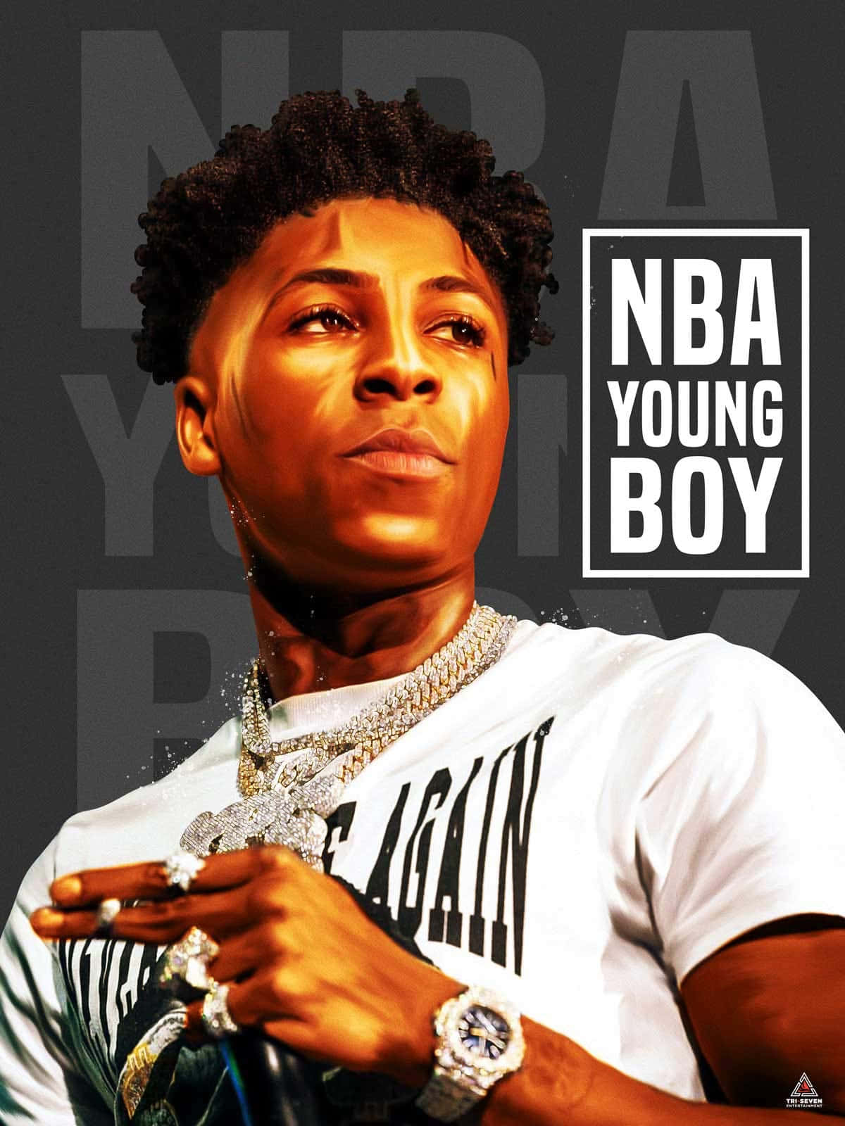 Youngboy 桌布 壁紙 — NBA Young Boy 向上凝視，佩戴閃亮珠寶和白色T恤，背景為深灰色，他的名字以粗體文字顯示。