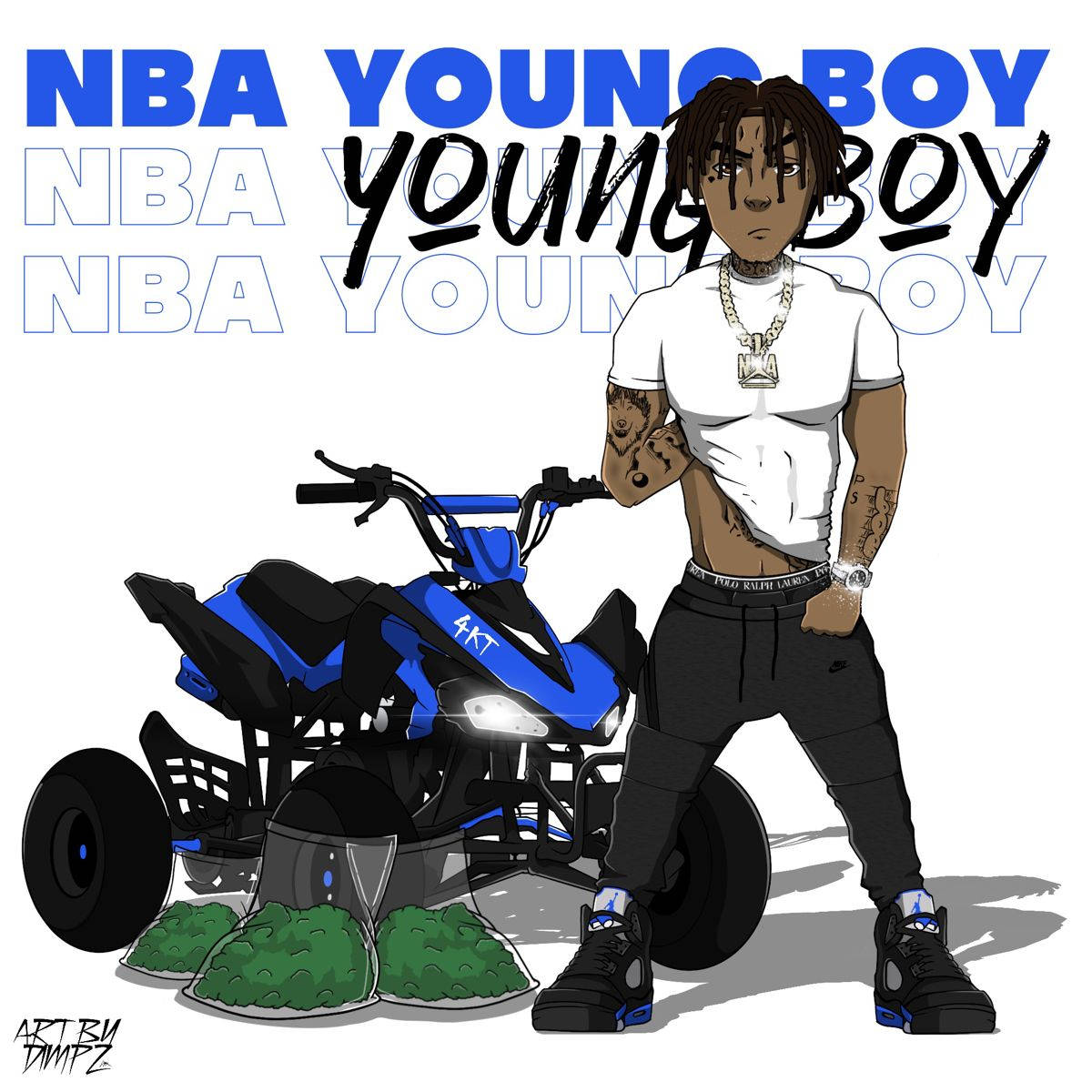背景 桌布 壁紙 — NBA Young Boy 自信地站在藍色和黑色ATV旁邊的插圖，背後有粗體文字。
