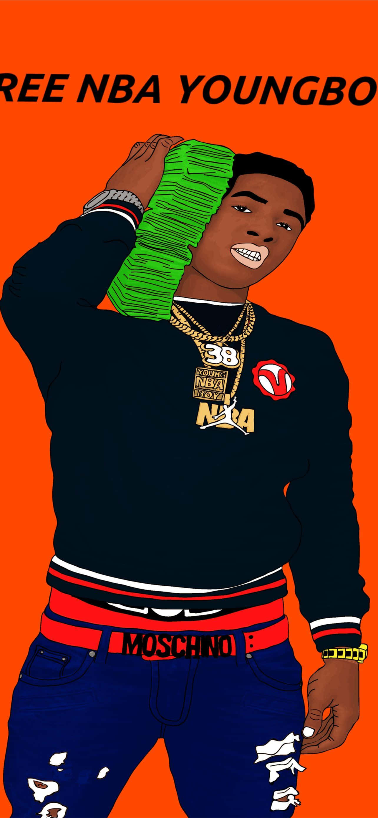 桌布 壁紙 — NBA Youngboy 手持一疊綠色鈔票的風格化插圖，背景為純橙色。