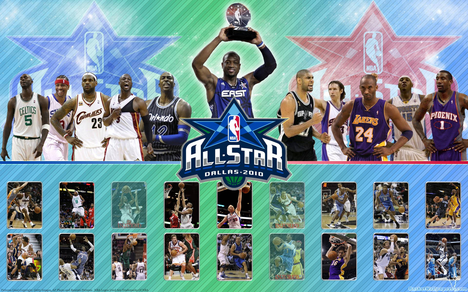 Teams 桌布 壁紙 — NBA 全明星 2010 桌布，東岸和西岸球隊球員與獎盃和下方動作鏡頭合影。