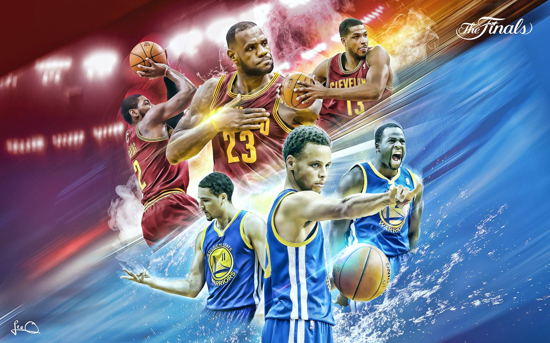 NBA 桌布 壁紙 — NBA 球員動態拼貼，呈現動作姿勢，帶有火紅和電光藍的動態效果。