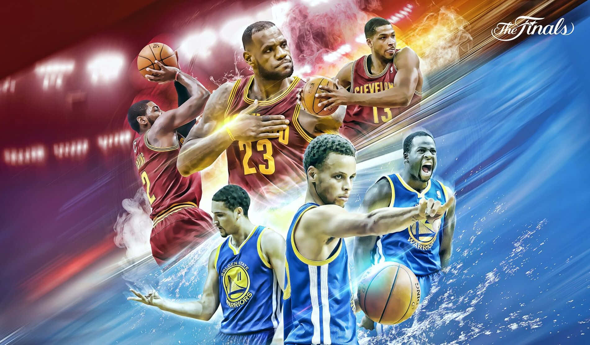 NBA 籃球運動員的動作姿勢，帶有火紅與電藍動態效果。 — NBA 壁紙