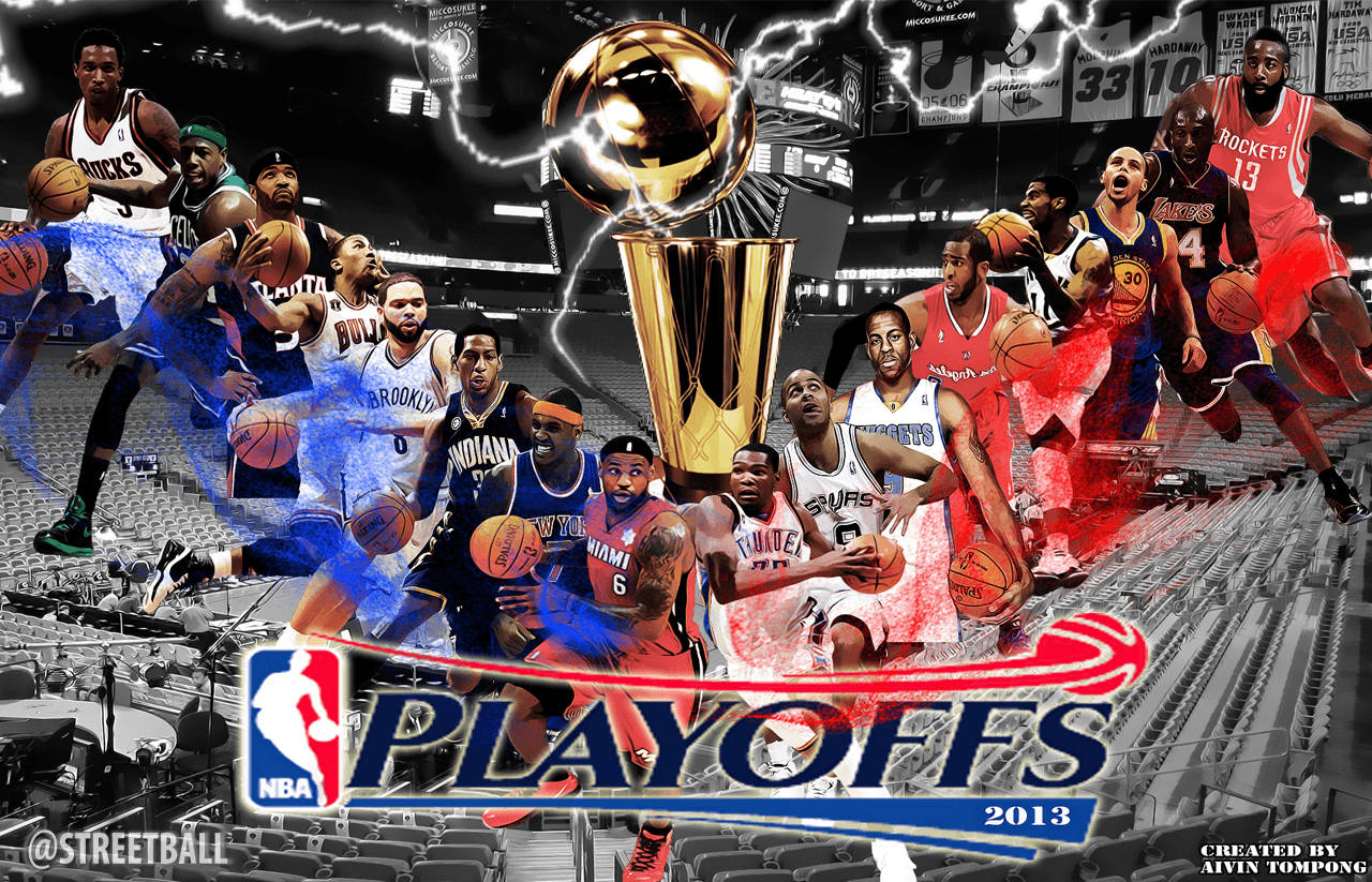 NBA 季後賽球員圍繞冠軍獎盃，帶有電光效果。