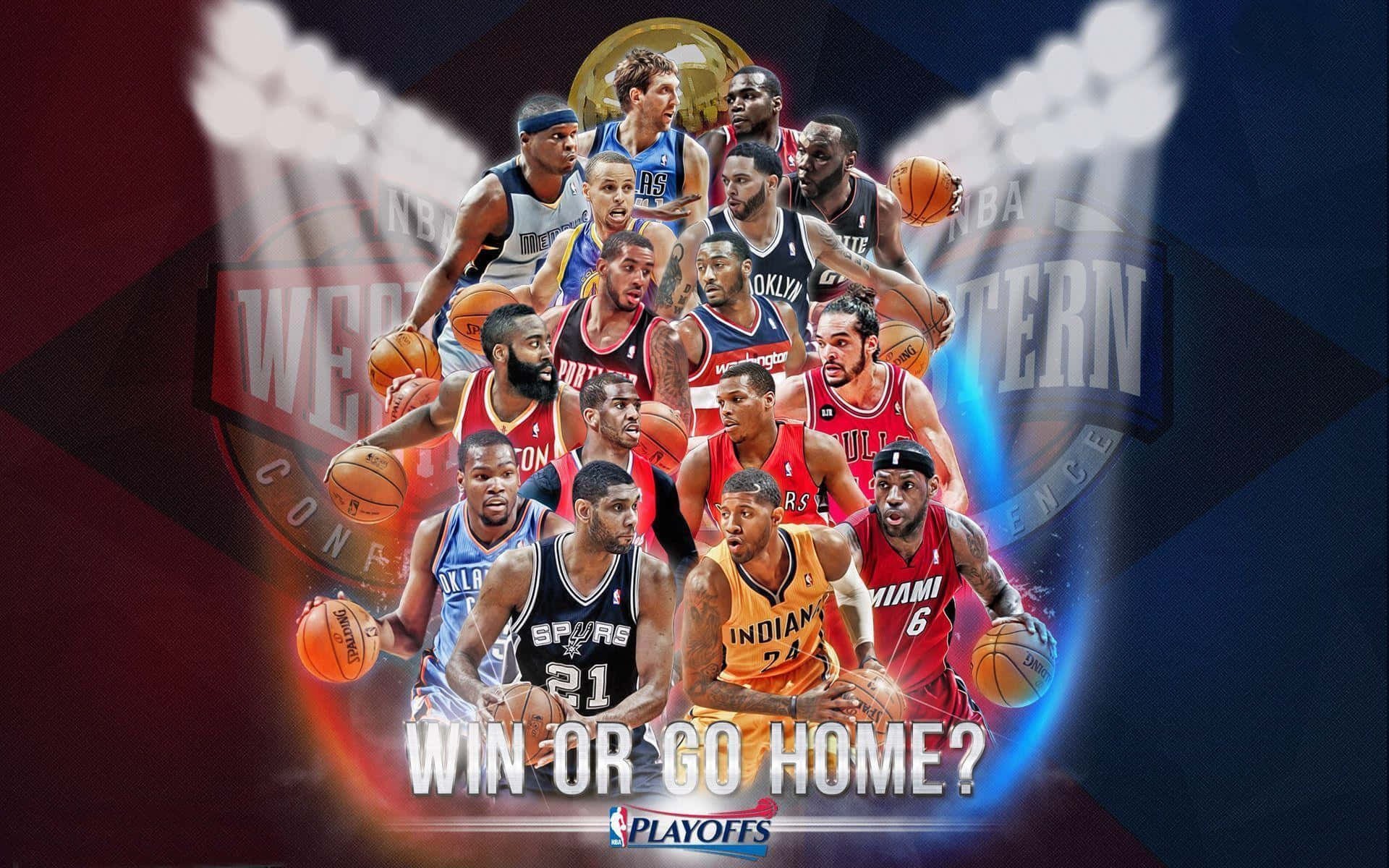 NBA Players 桌布 壁紙 — NBA 球員在發光的西區聯盟標誌周圍擺出動作姿勢的動態拼貼畫，帶有戲劇性的燈光效果。