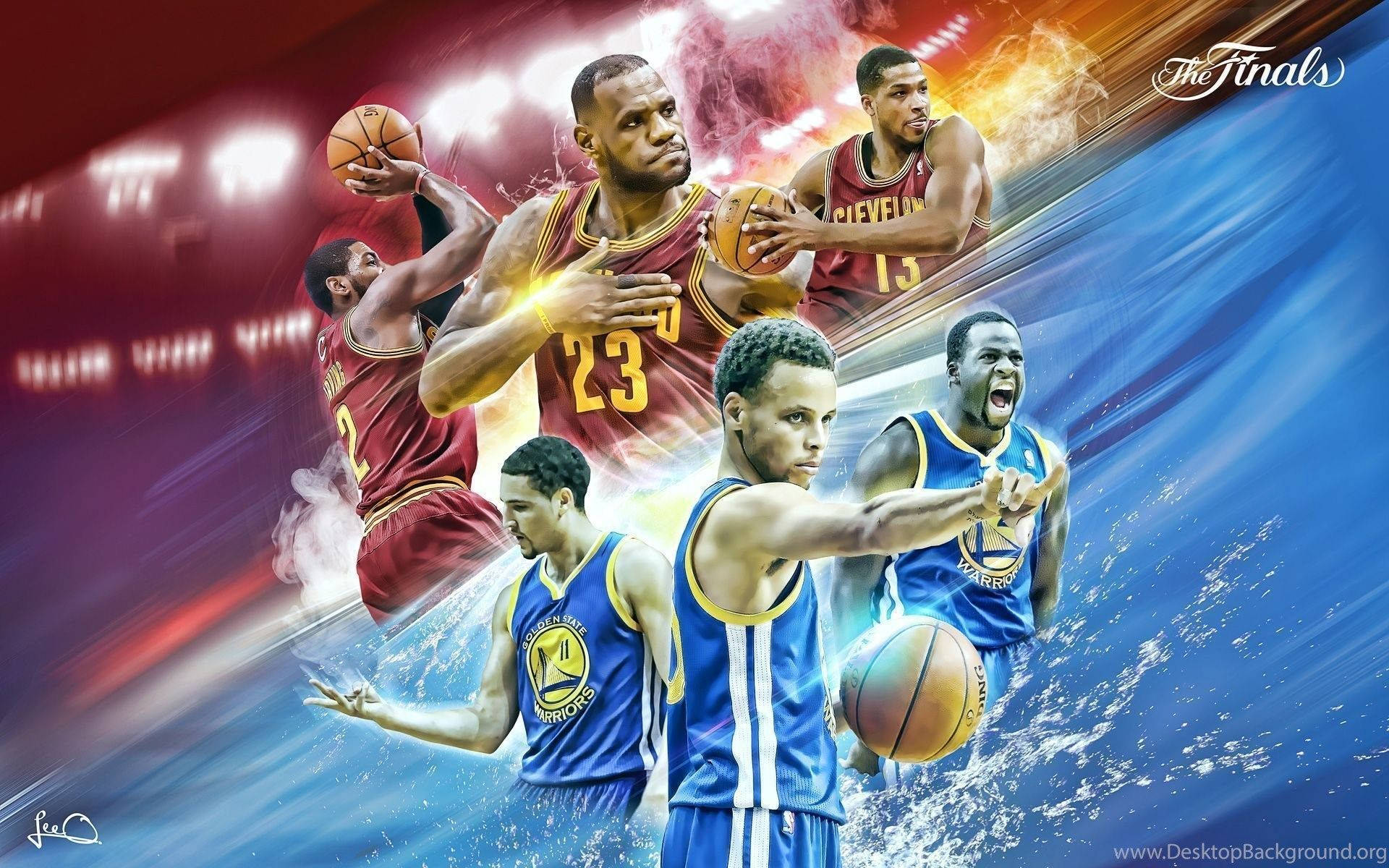 NBA 總決賽籃球運動員以紅色和藍色能量效果動態移動。