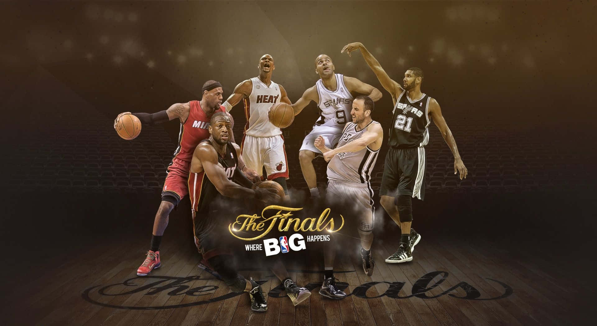 NBA 桌布 壁紙 — NBA 總決賽籃球運動員在木製球場上以戲劇性燈光擺出動作姿勢的動態拼貼畫。