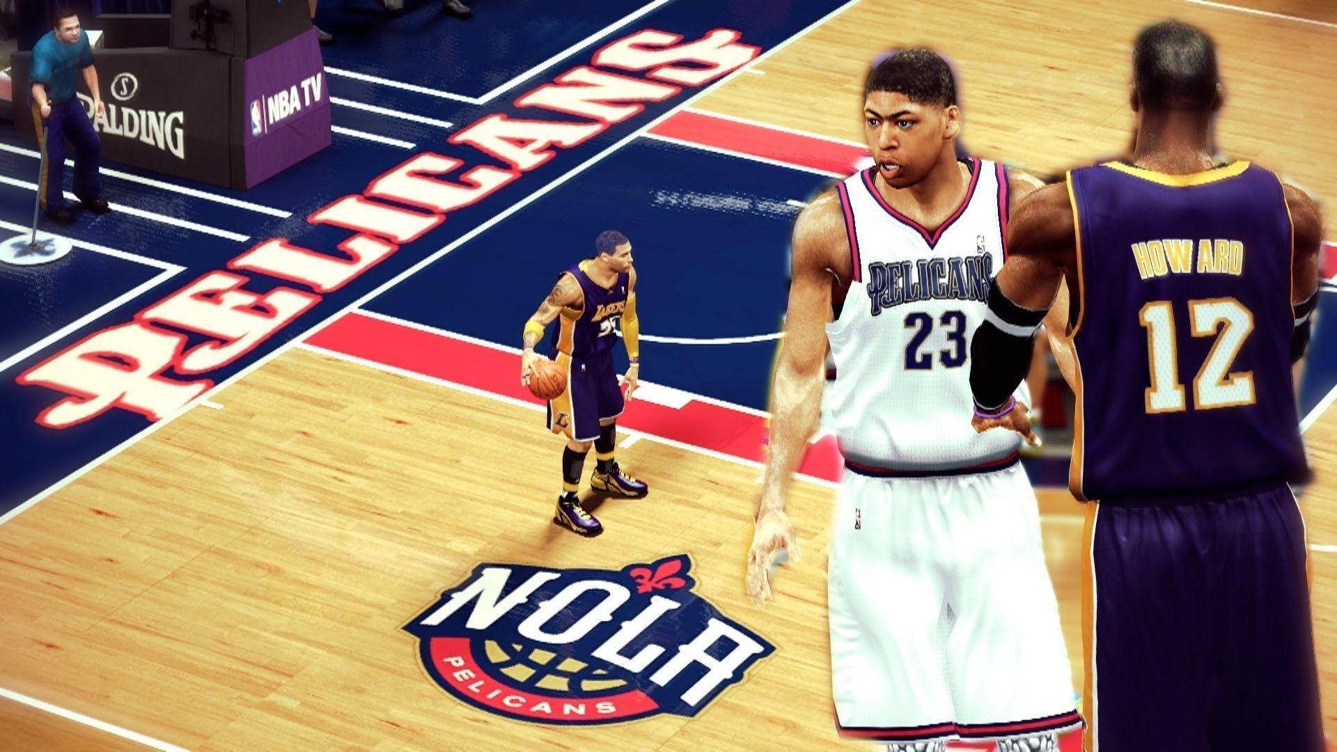 New 桌布 壁紙 — NBA 電子遊戲場景，鵜鶘隊球員在硬木球場上，帶有 'NOLA' 標誌和 'Pelicans' 球場標記。