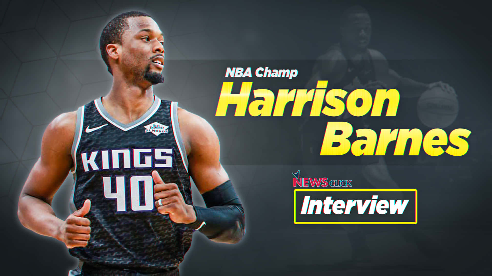 NBA 桌布 壁紙 — NBA冠軍Harrison Barnes身穿國王隊球衣，在新聞採訪圖形中豎起大拇指。