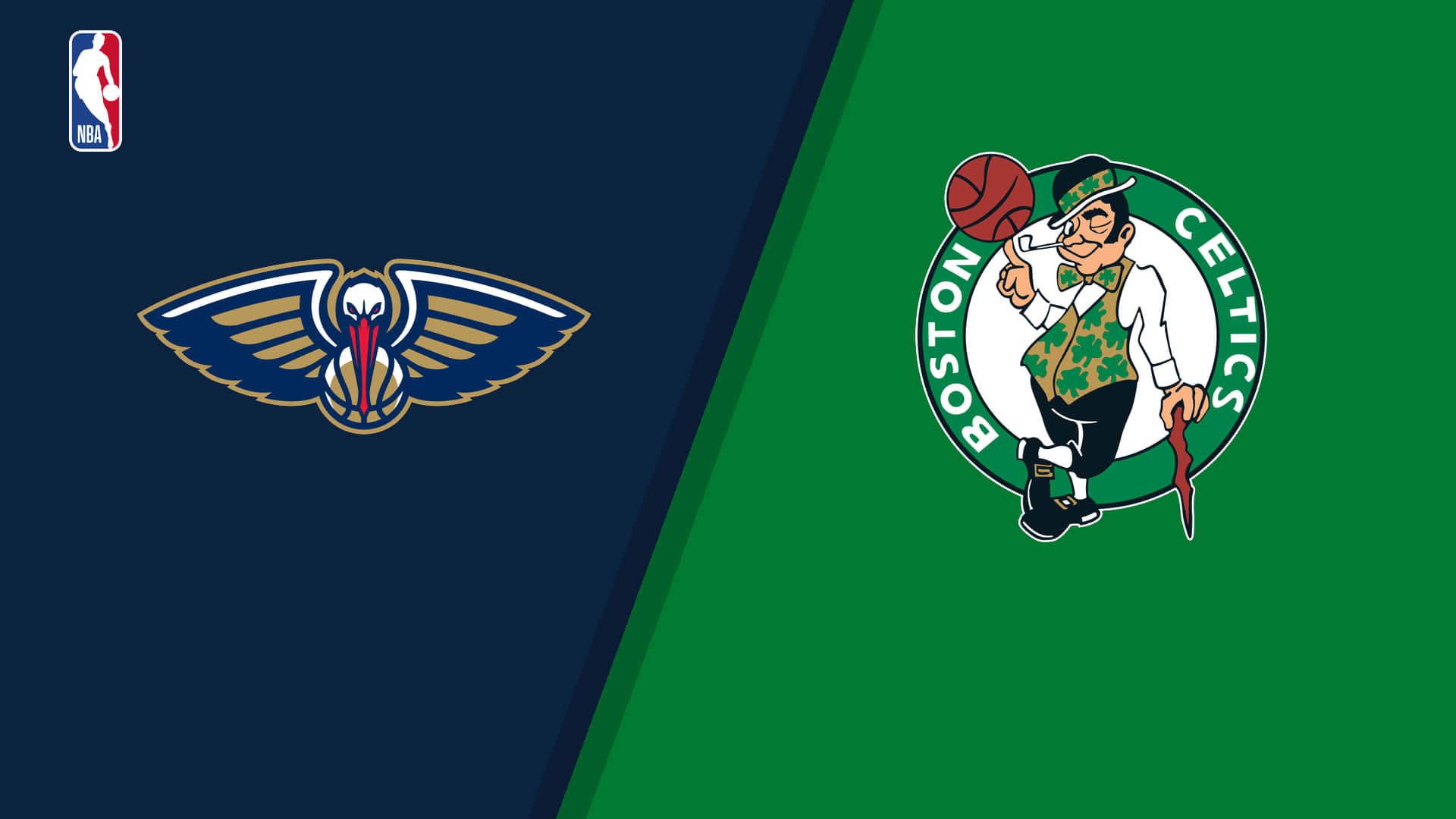 桌布 壁紙 — NBA對戰桌布，紐奧良鵜鶘和波士頓塞爾提克標誌以對角線分割在海軍藍和綠色背景上。