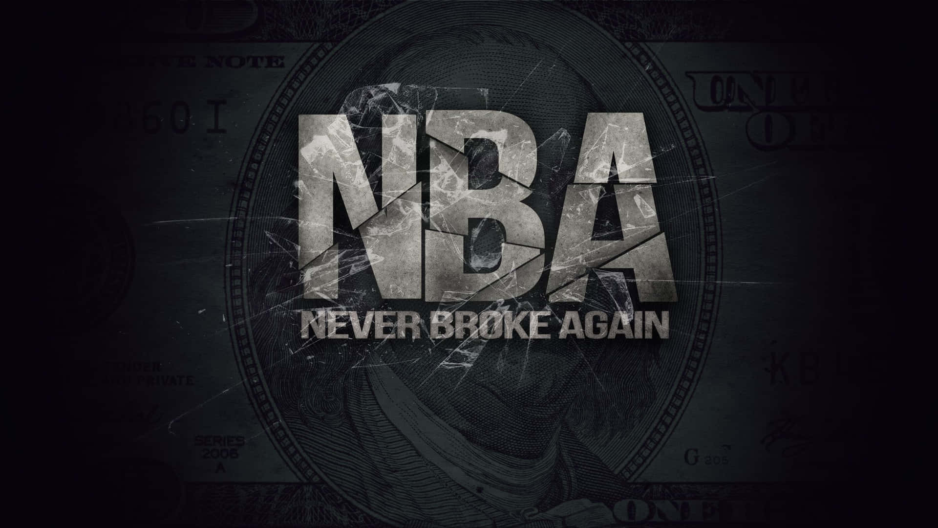 說唱歌手 桌布 壁紙 — NBA標誌，帶有「Never Broke Again」文字，疊加在深色調的破裂美元鈔票背景上。