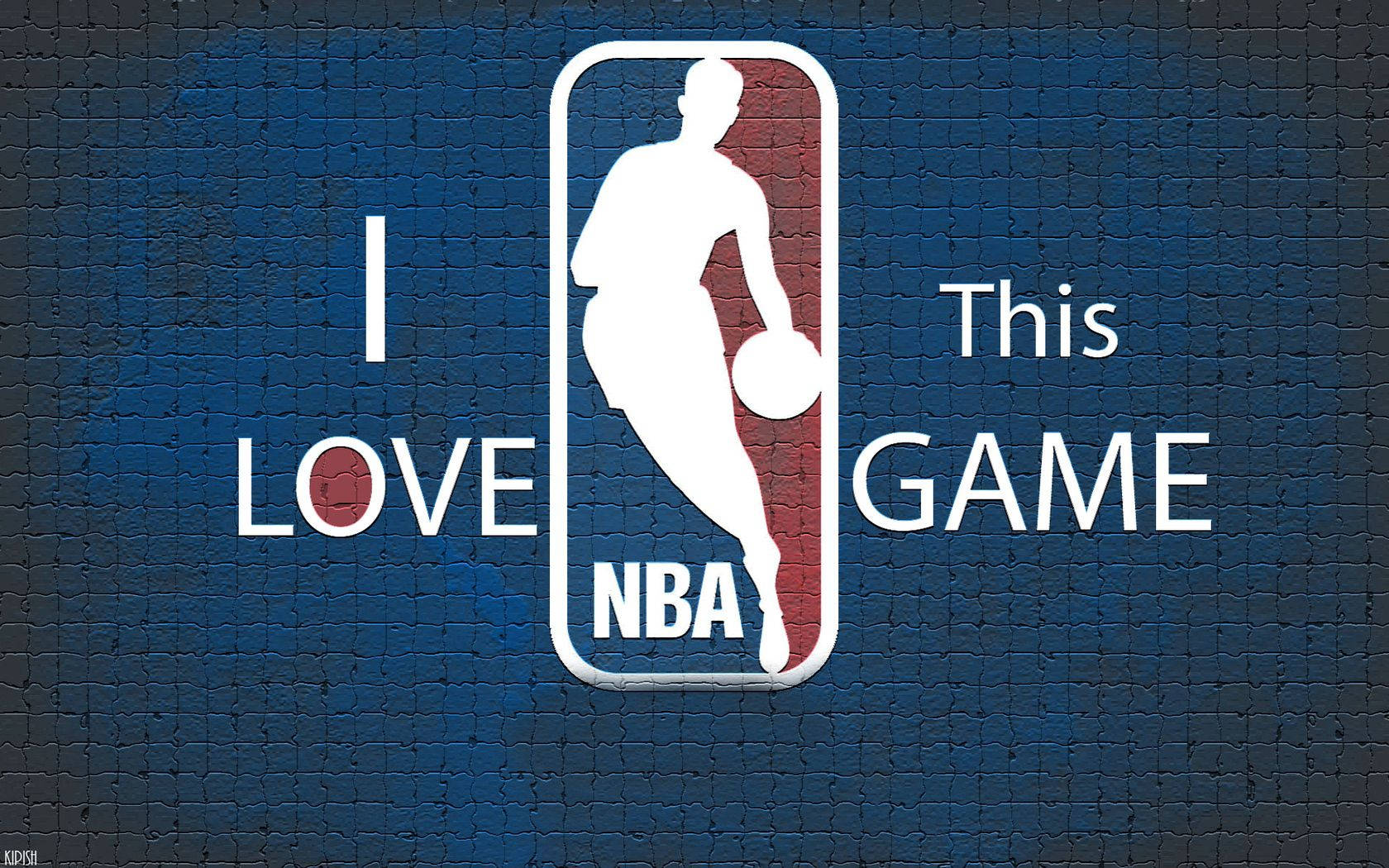 籃球 桌布 壁紙 — NBA標誌，籃球運動員剪影在藍色磚牆背景上，附有文字 i love this game。