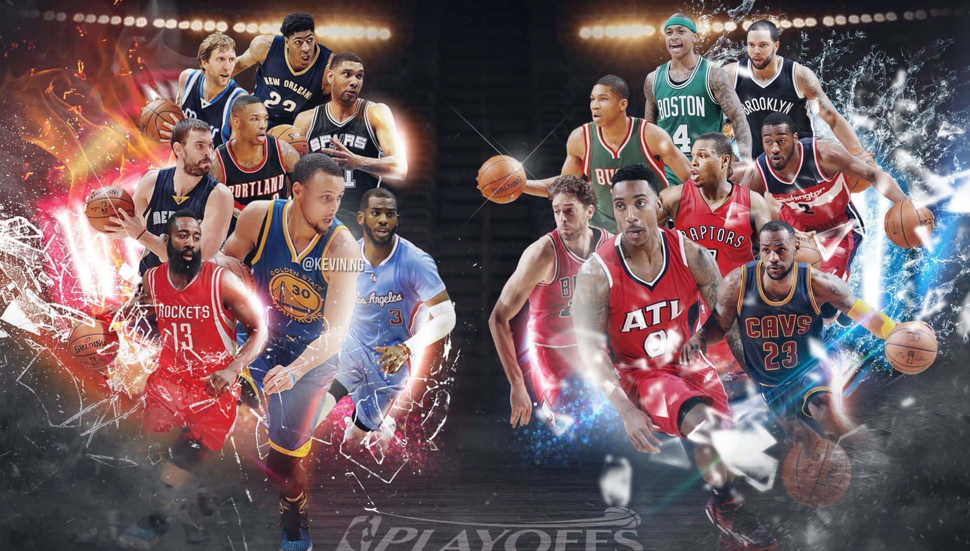 最佳籃球 桌布 壁紙 — NBA球員動感姿勢的動態拼貼，周圍環繞著火焰與冰霜能量效果。