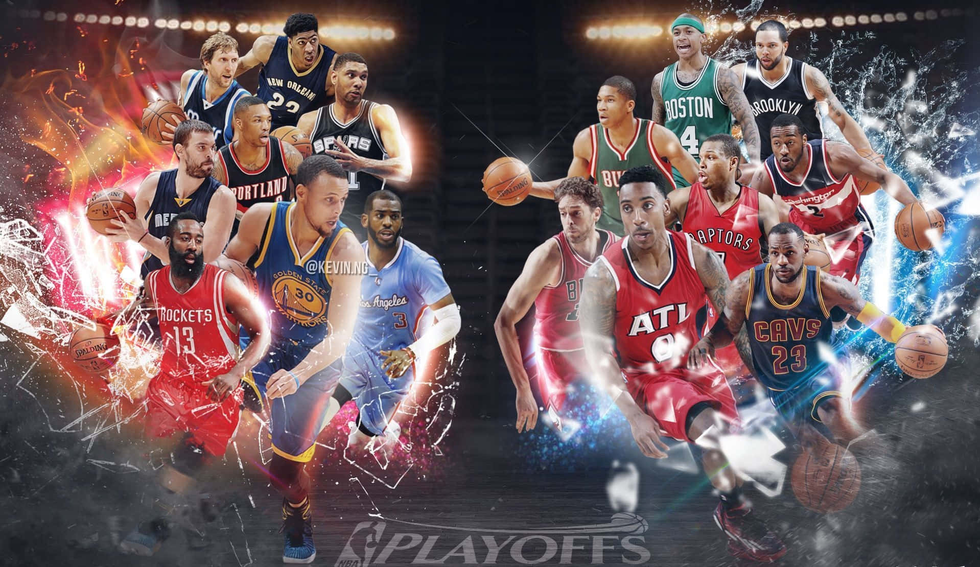籃球 桌布 壁紙 — NBA球員動態拼貼，呈現動作姿勢，周圍環繞著火熱與冰冷能量效果。