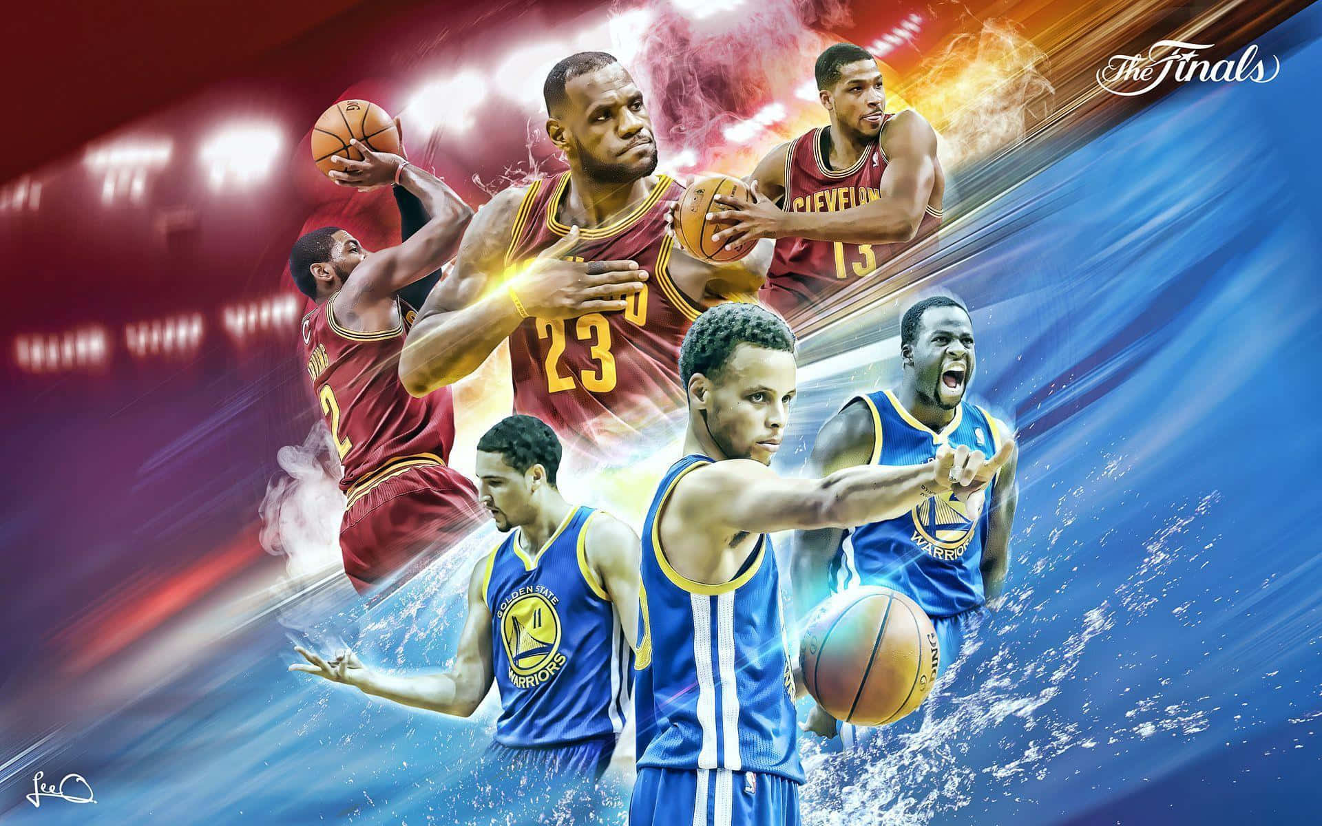籃球 桌布 壁紙 — NBA球星以動作姿勢呈現的動態拼貼，背景為火紅與電光藍的動感背景。