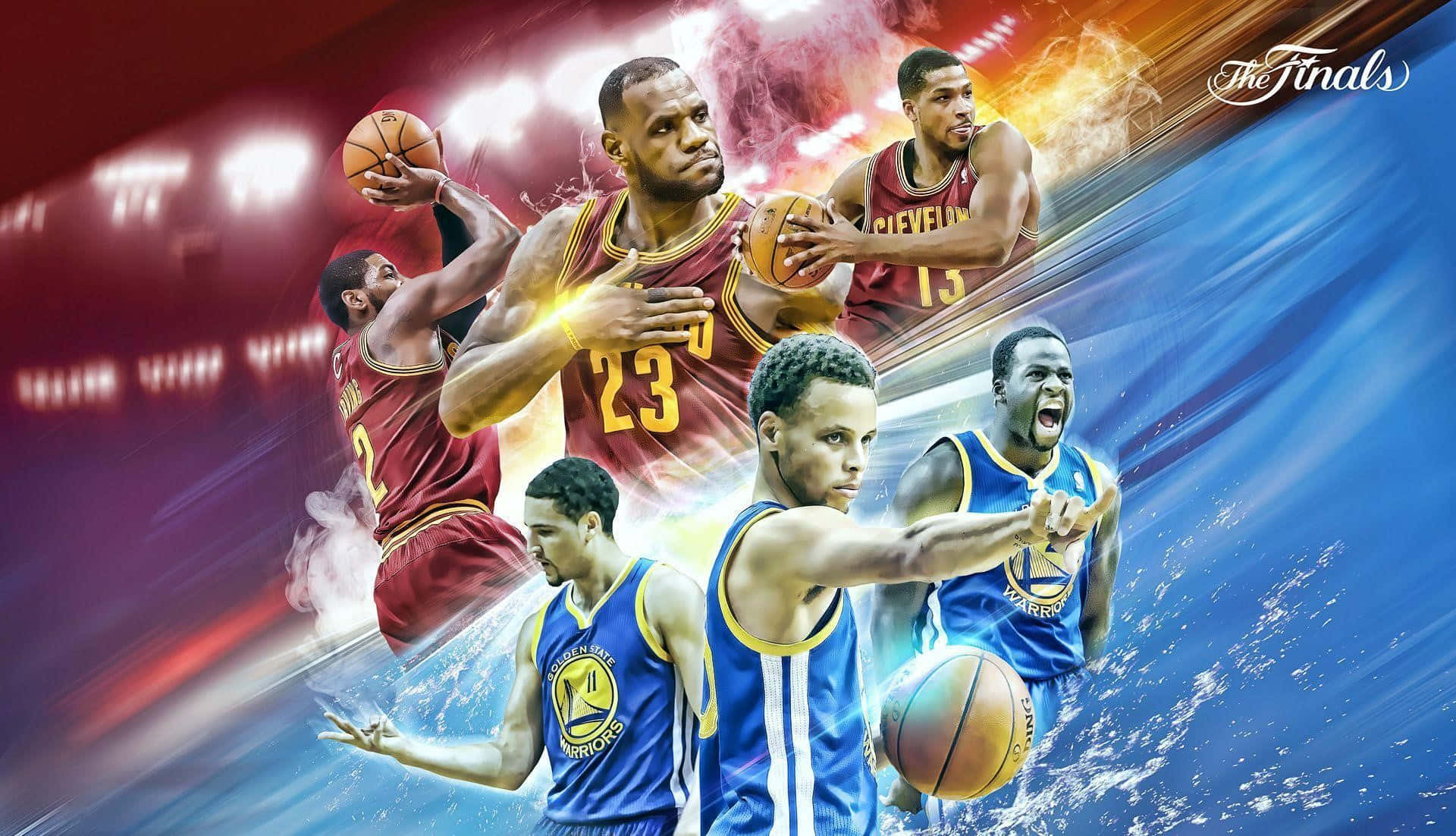 最佳籃球 桌布 壁紙 — NBA球星在火紅和電藍色背景上以動作姿勢組成的動態拼貼，帶有'The Finals'文字。