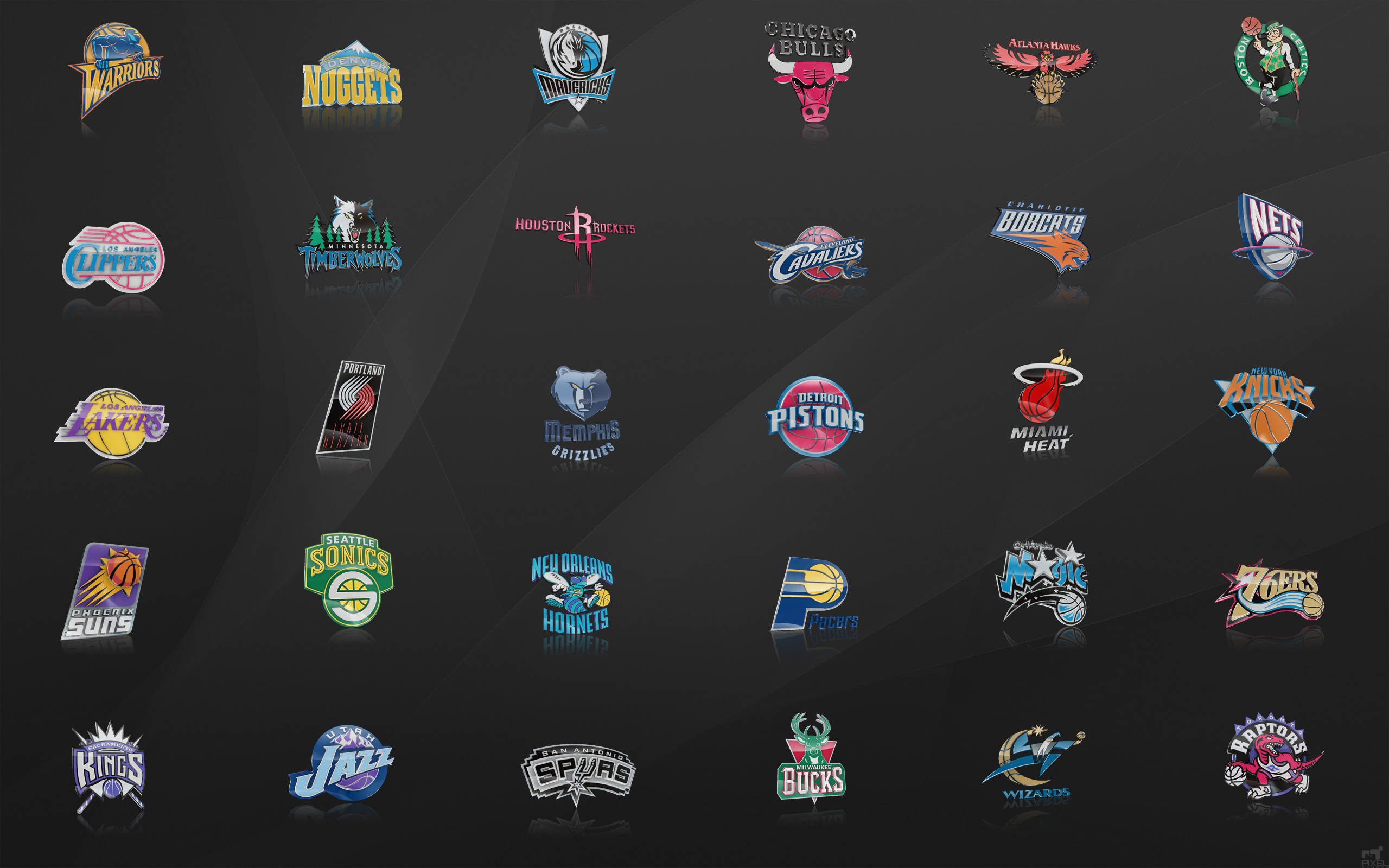 Teams 桌布 壁紙 — NBA球隊標誌網格在深色漸變背景上柔和發光，帶有細微反射。