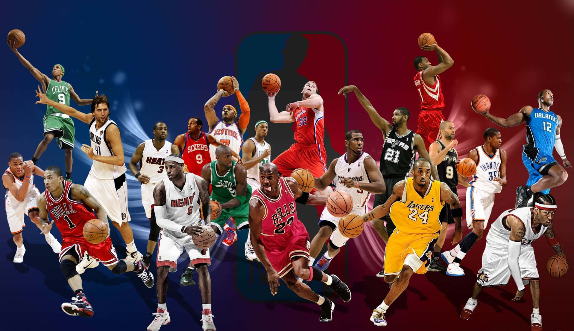 籃球 桌布 壁紙 — NBA籃球傳奇人物在藍紅漸變背景上動態拼貼，帶有NBA標誌。