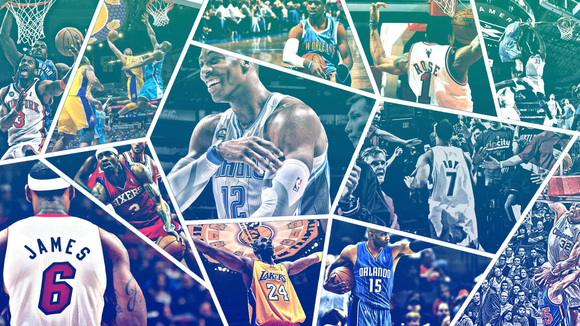 NBA 桌布 壁紙 — NBA籃球運動員在不同球隊制服和比賽時刻中動作姿勢的動態拼貼畫。
