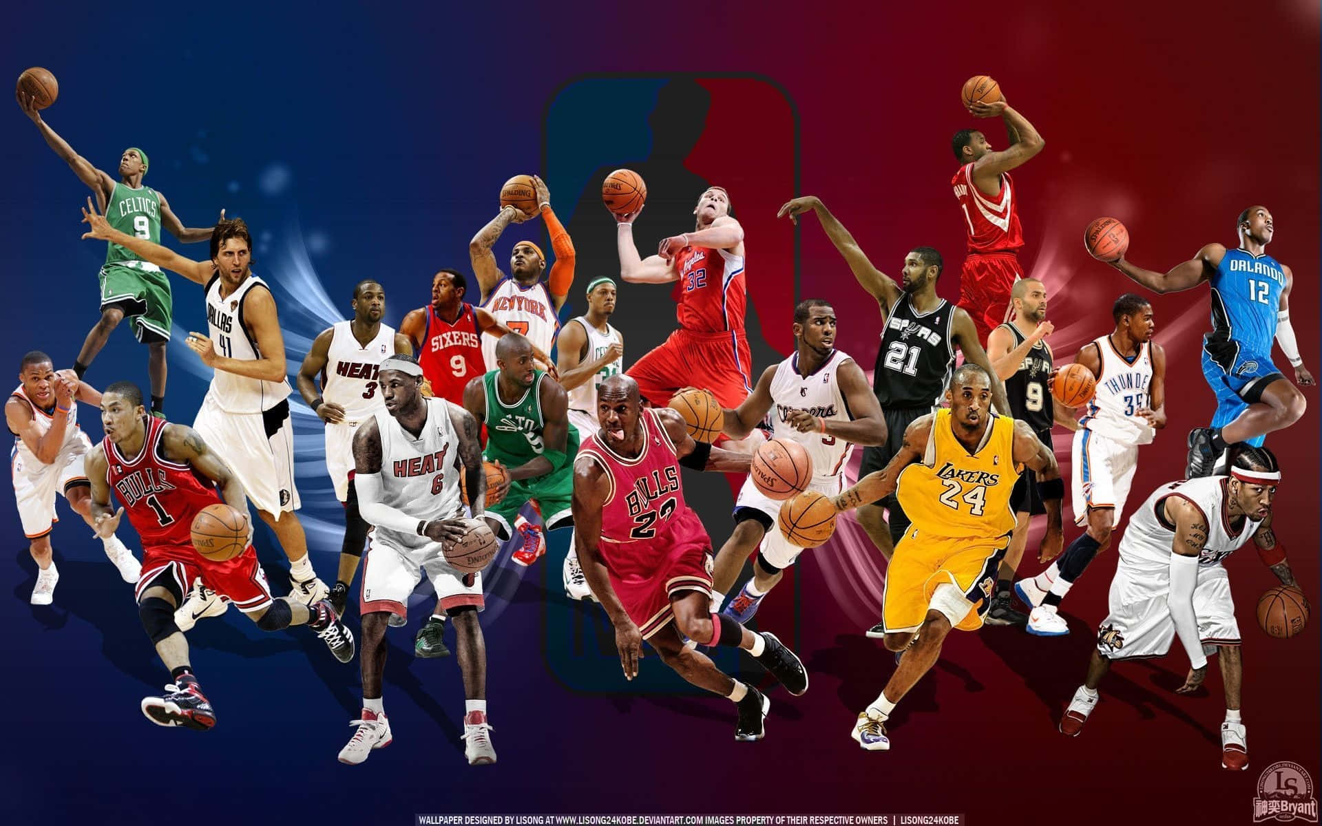 桌布 壁紙 — NBA籃球運動員在藍紅漸變背景上以NBA標誌做出中場動作姿勢的動態拼貼畫。