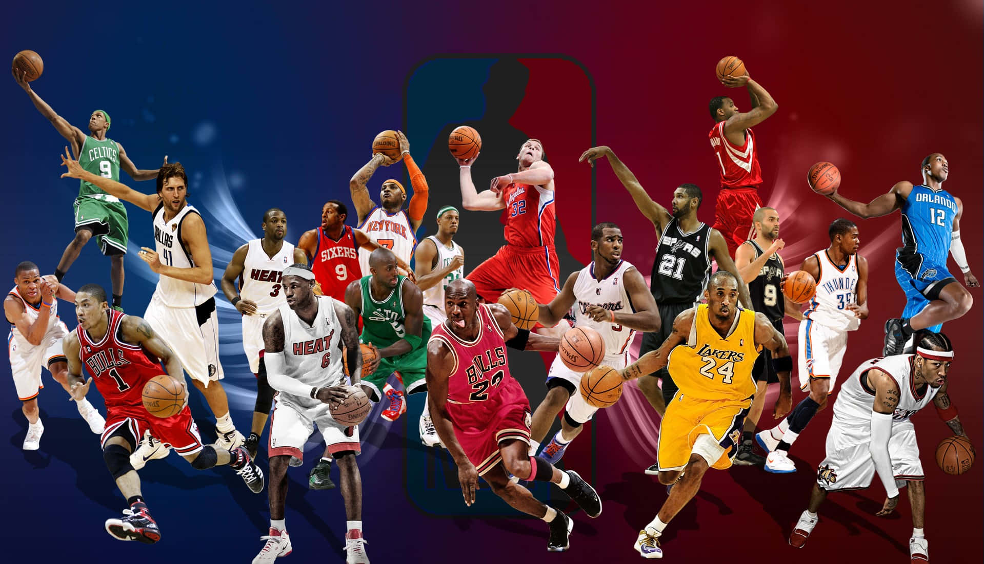 NBA 桌布 壁紙 — NBA籃球運動員在藍紅漸變背景上以中動作姿勢的動態拼貼，帶有NBA標誌。