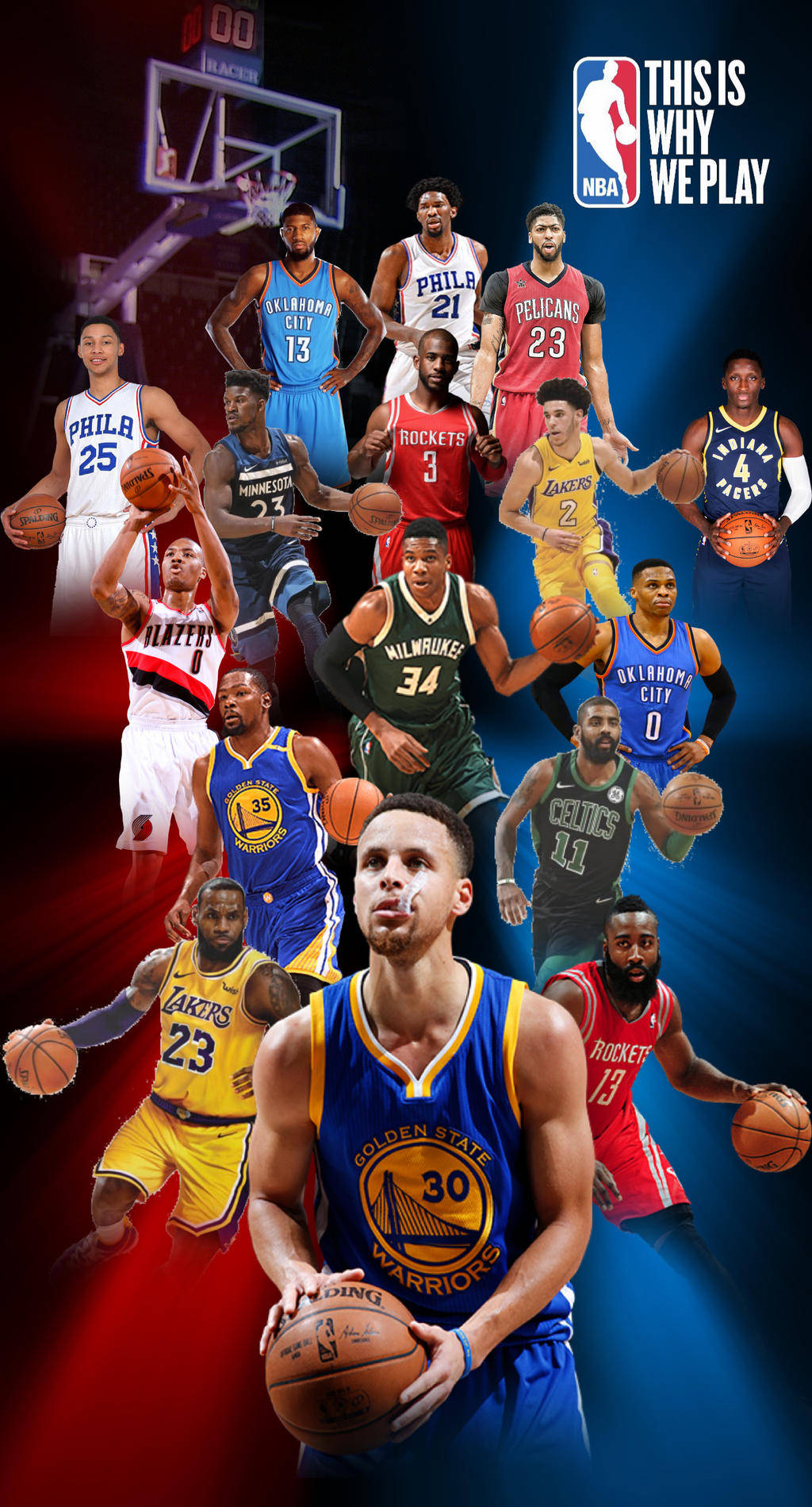 NBA 桌布 壁紙 — NBA籃球運動員身穿球隊制服，在紅藍漸變背景上手持籃球擺姿勢的動態拼貼畫。
