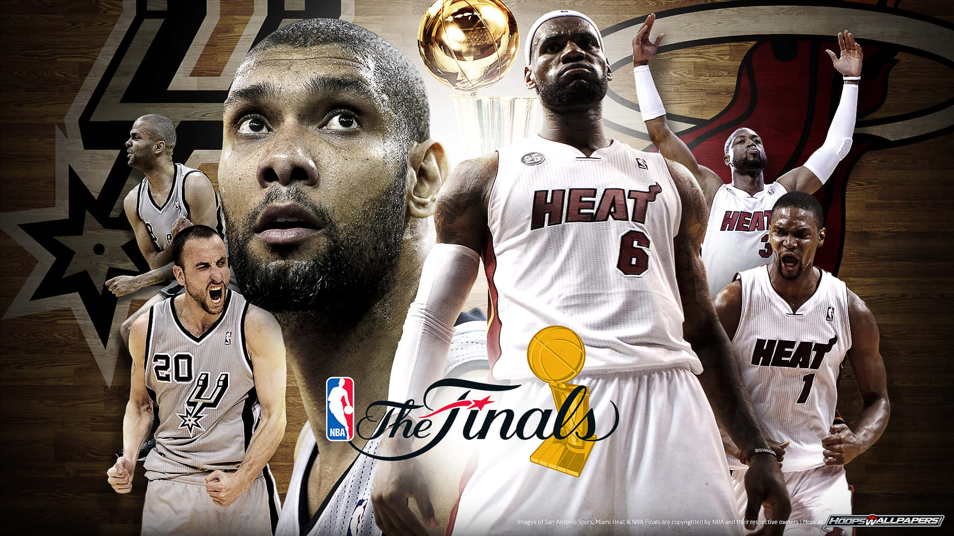 San Antonio Spurs 桌布 壁紙 — NBA總決賽籃球運動員以動作姿勢與冠軍獎盃和球隊標誌組成的動態拼貼畫。