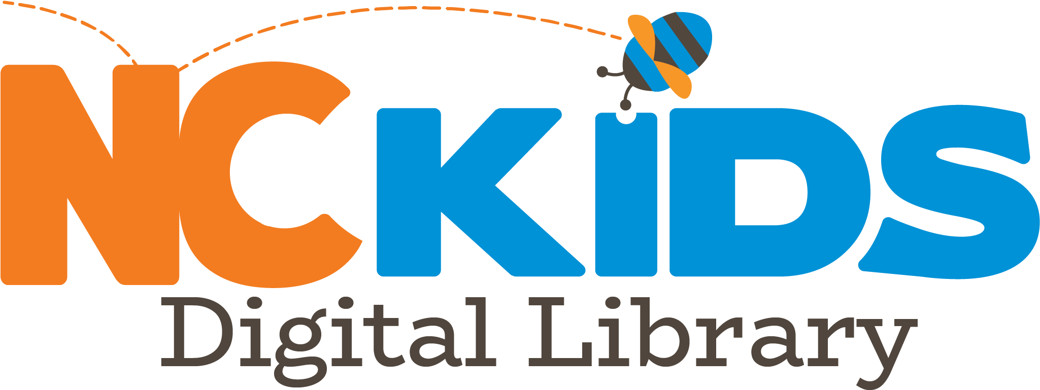 Library 桌布 壁紙 — NCKIDS數位圖書館的大膽彩色標誌，一隻卡通蜜蜂在文字上方飛翔。