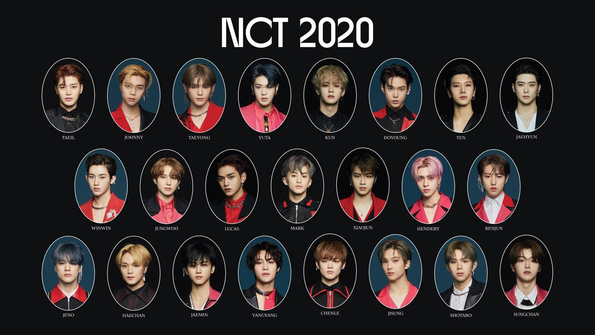Nct 桌布 壁紙 — NCT 2020 成員肖像，身穿紅色外套，背景為深藍色橢圓形，上方有白色文字。