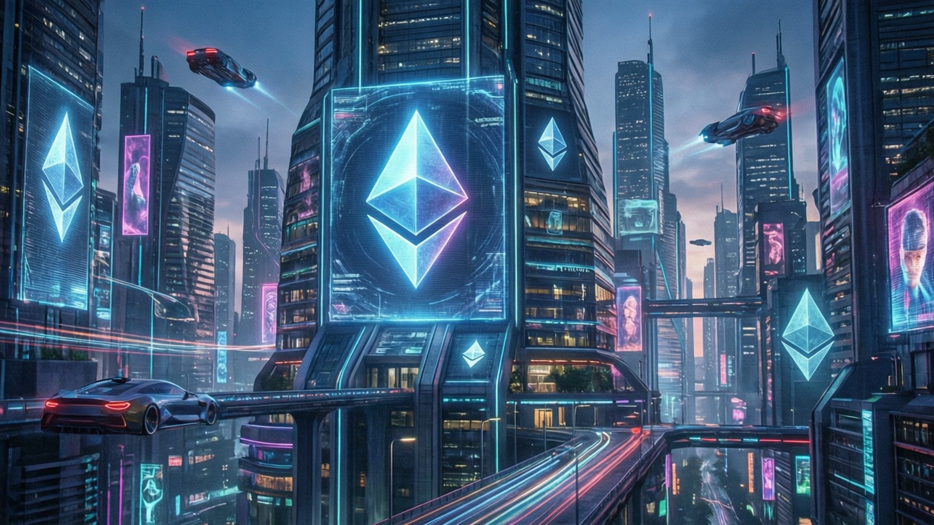 Ethereum Cityscape 壁紙 — 霓虹燈光下的賽博龐克城市景觀，高聳的摩天大樓裝飾著發光的以太坊標誌，飛行汽車在暮色天空中穿梭。