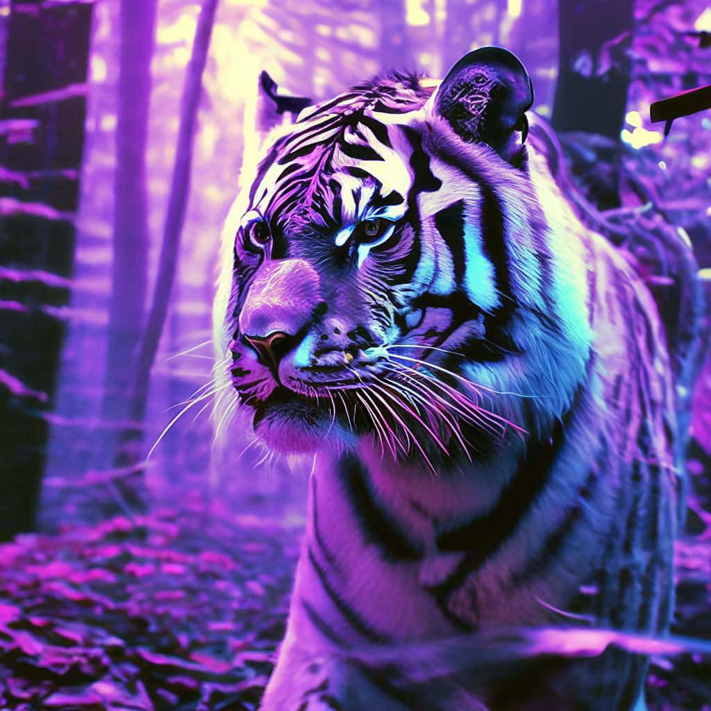  壁紙 — 一隻霓虹紫色和藍色的老虎從發光的森林中強烈凝視，帶有電光色彩飽和度。