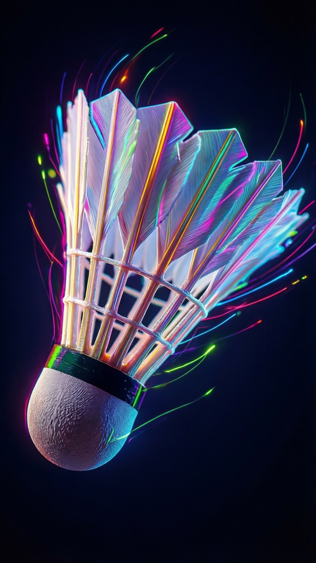 Neon Shuttlecock Trails 壁紙 — 一個霓虹燈照亮的羽毛球，帶有發光的羽毛和電光條紋，背景為深色。