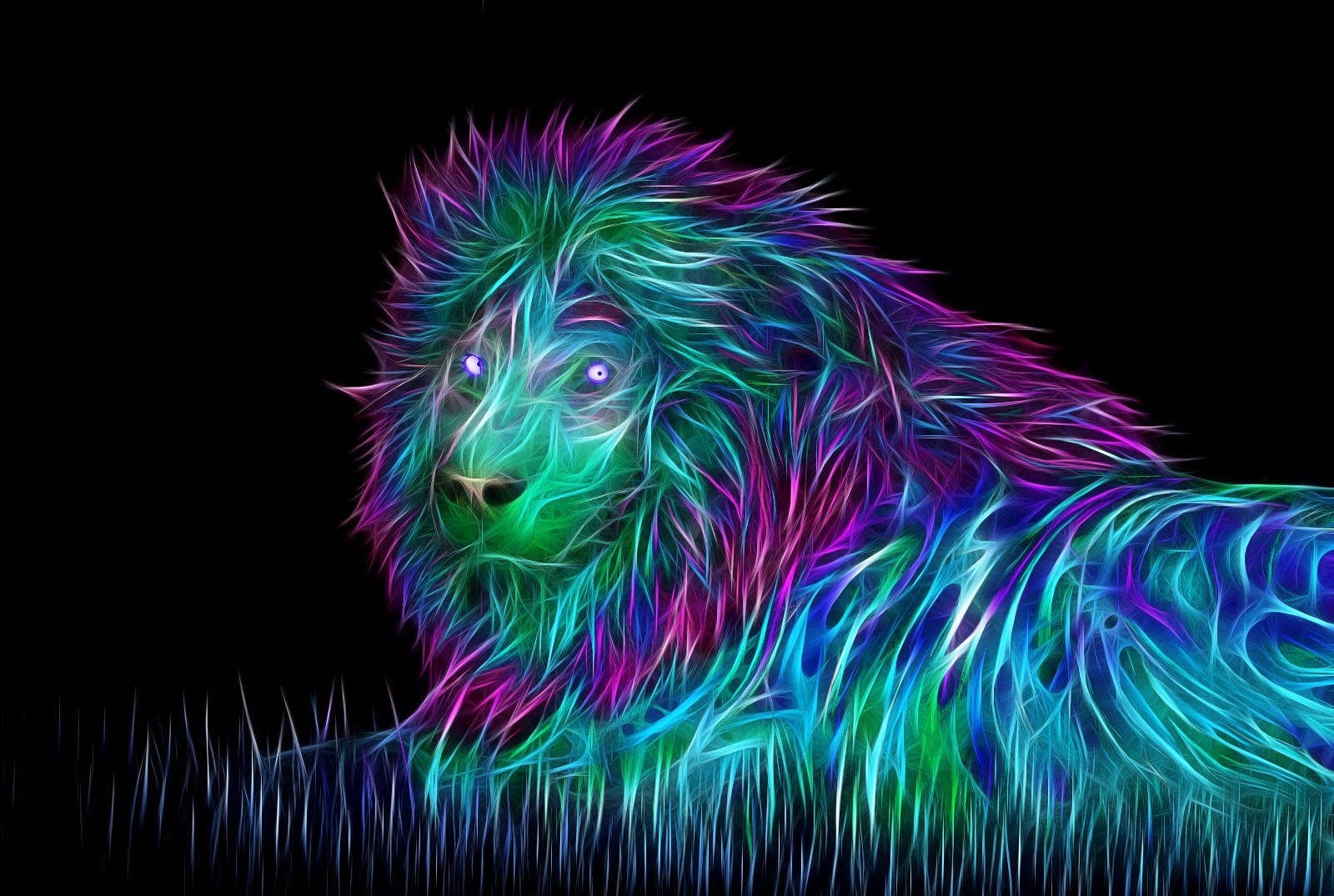夜間在暗草叢中休息的發光毛髮霓虹獅子。 — 3D 壁紙
