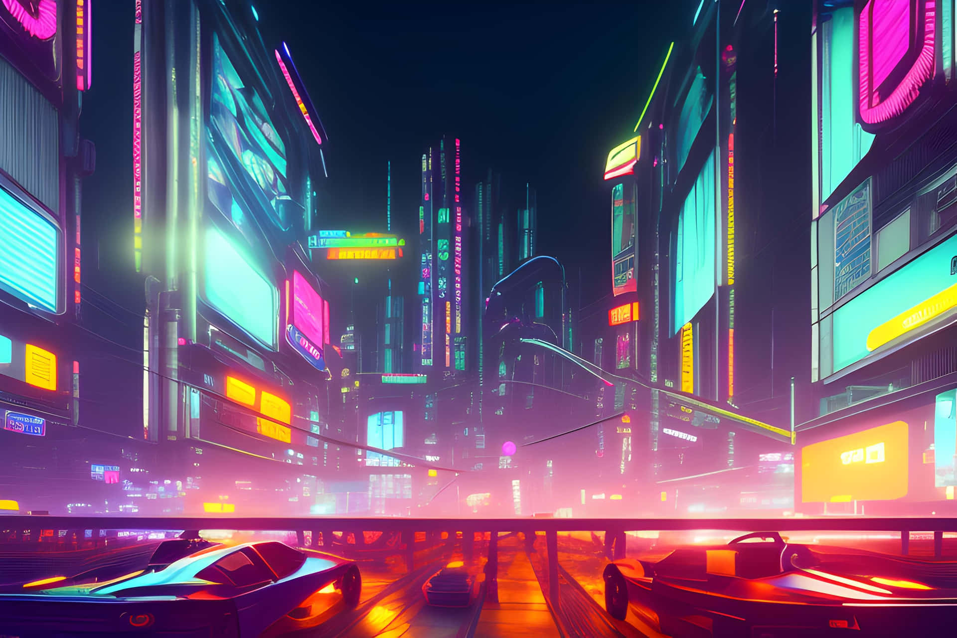  壁紙 — 夜晚充滿霓虹燈的賽博龐克城市景觀，發光的摩天大樓和高架道路上的未來汽車。