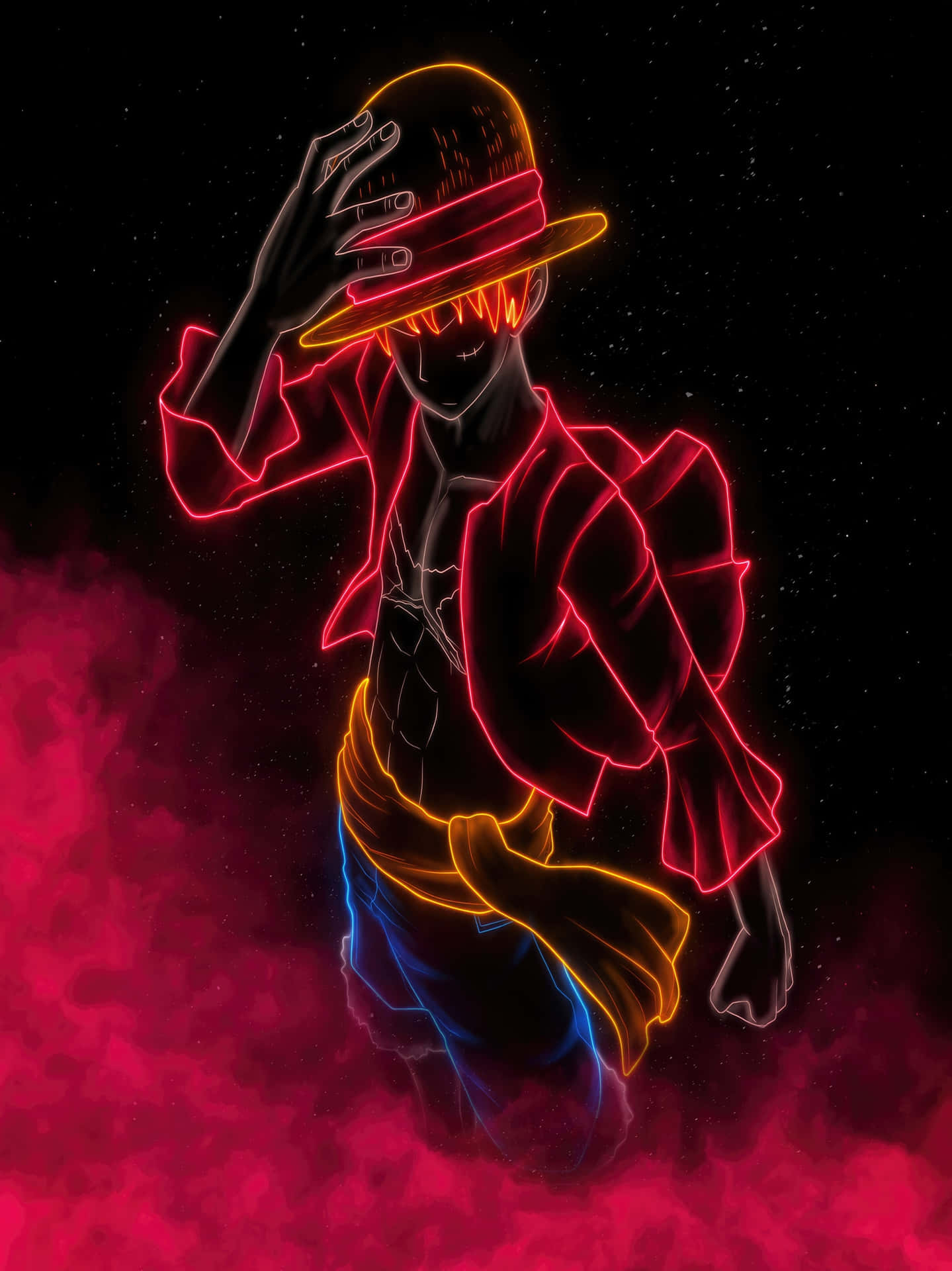  壁紙 — 一個戴帽穿外套的霓虹燈動漫角色，在星光燦爛的夜空下，帶有發光的紅色和藍色輪廓。