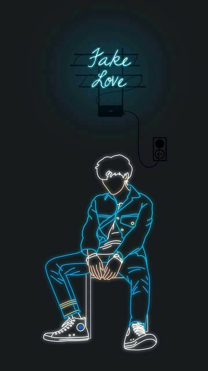 一個男孩坐在黑暗房間中「Fake Love」標誌下的霓虹燈輪廓。 — Bts 壁紙