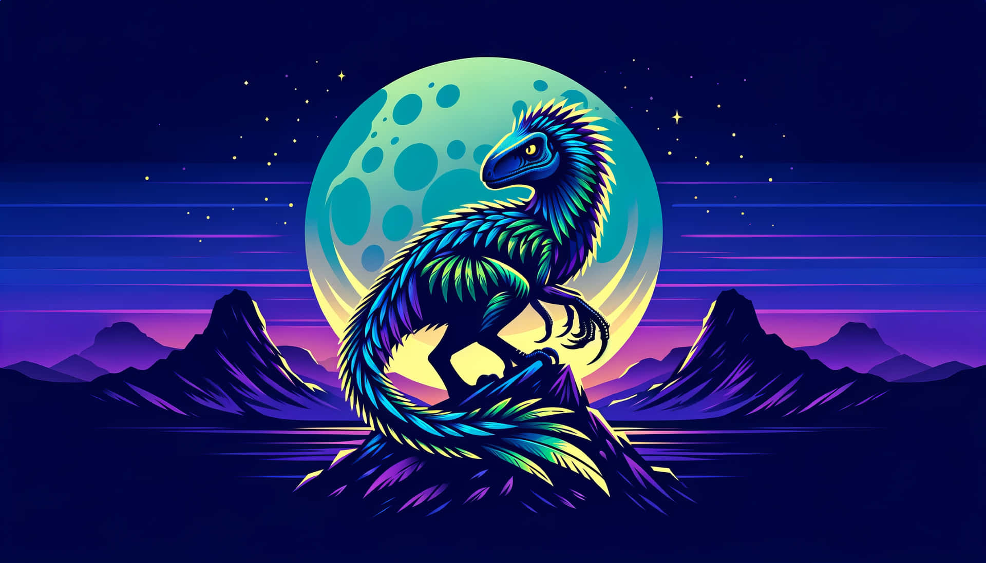  壁紙 — 一隻霓虹色的恐龍站在山頂上，下方是發光的月亮，構成充滿活力的復古未來主義夜景。
