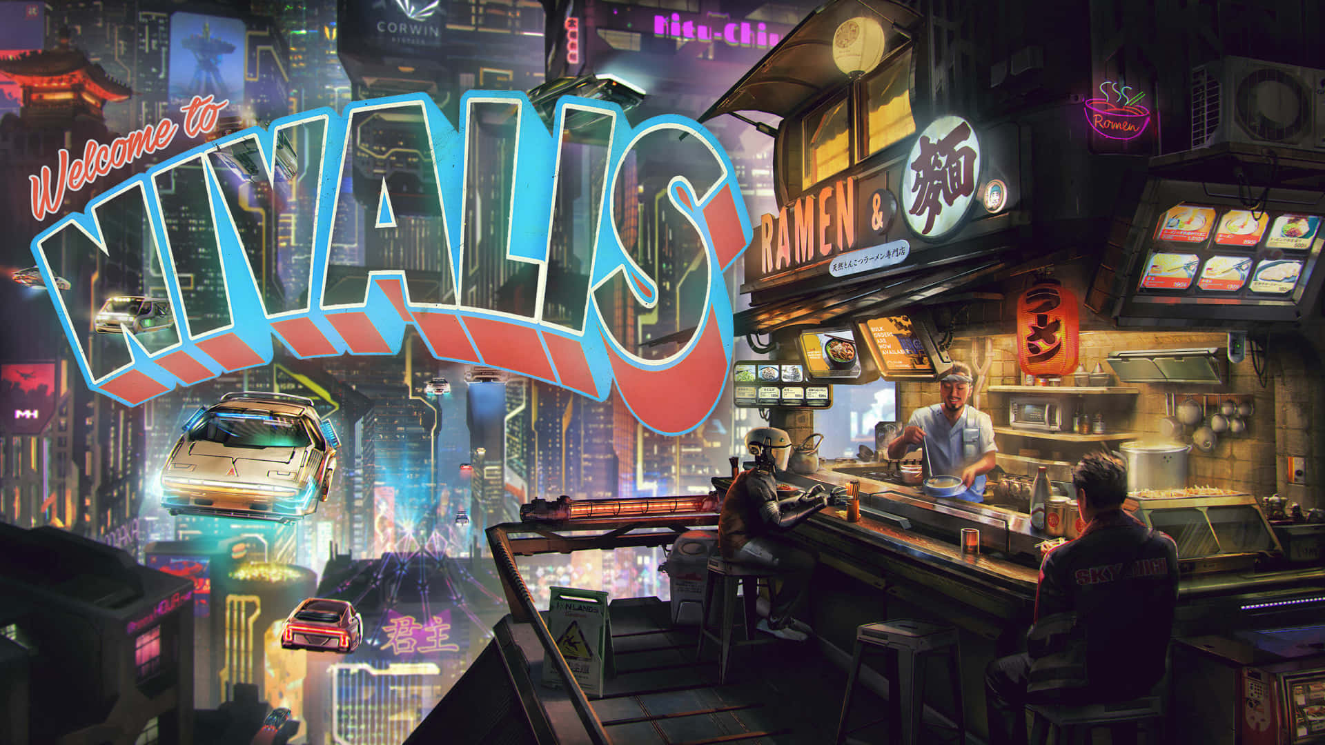  壁紙 — 一條充滿霓虹燈的賽博朋克小巷，拉麵攤上方有發光的「Welcome to Nivalis」標誌，顧客啜飲飲料，懸浮汽車在摩天大樓間飛馳而過。